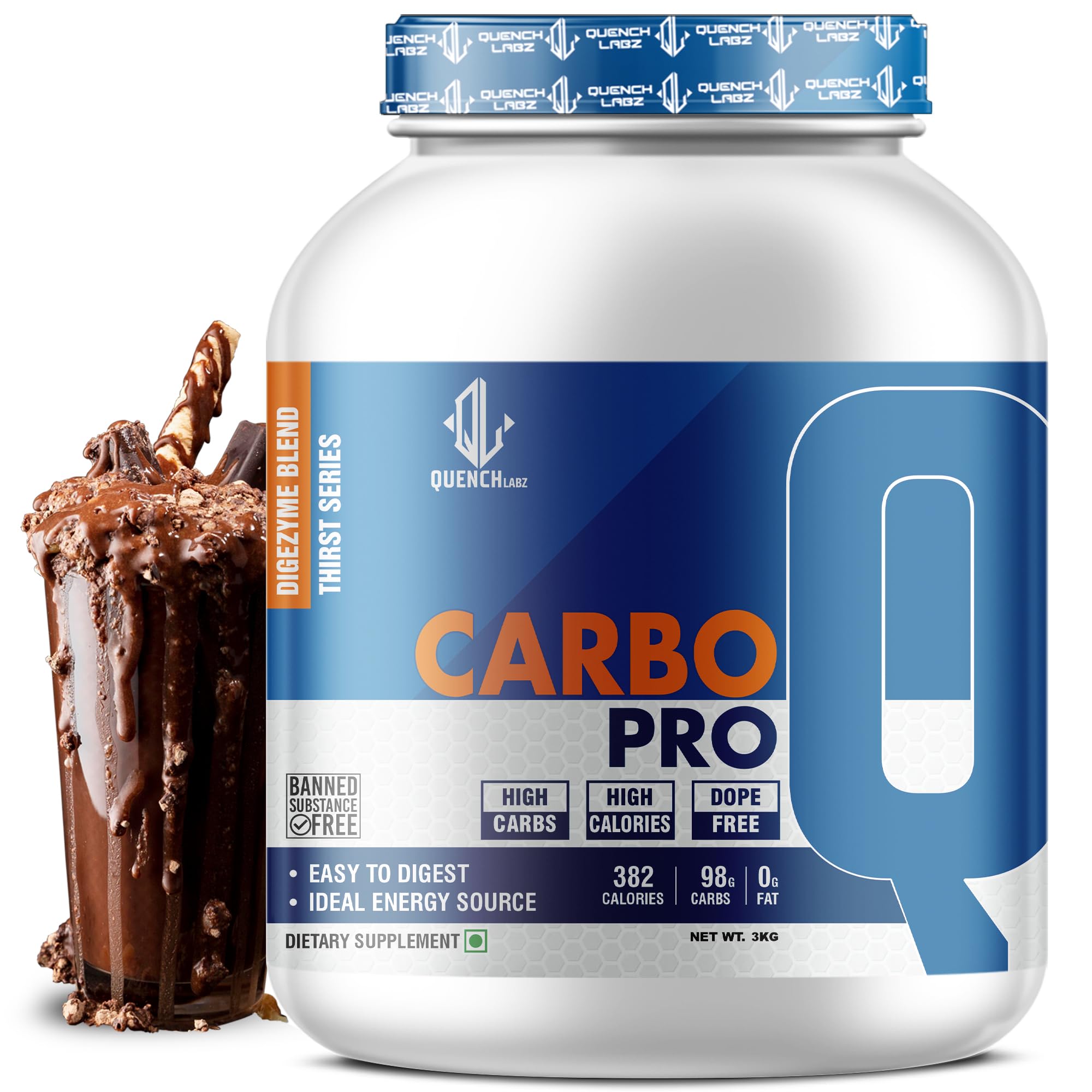 QUENCHLABZ CARBO PRO | High-Carb Workout Powder | Fast-Digesting Maltodextrin | Muscle Recovery & Energy Booster | Pre & Post-Workout Carbohydrate Supplement | Dope-Free | 3KG Chocolate