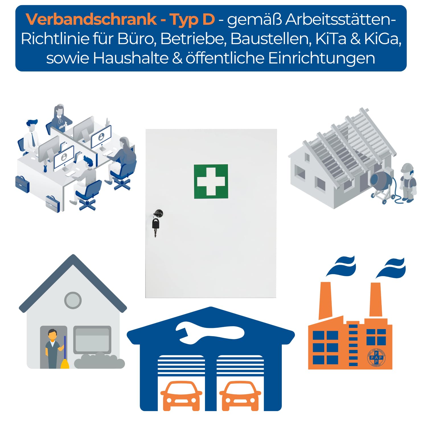 First Aid Products Verbandschrank D – inkl. DIN 13157:2021 Füllung – Medizinschrank Metall mit Gummidichtung, 3 Ablagefächer + 3 Türfächer - robust & staubgeschützt - 48,5 x 40 x 20 cm