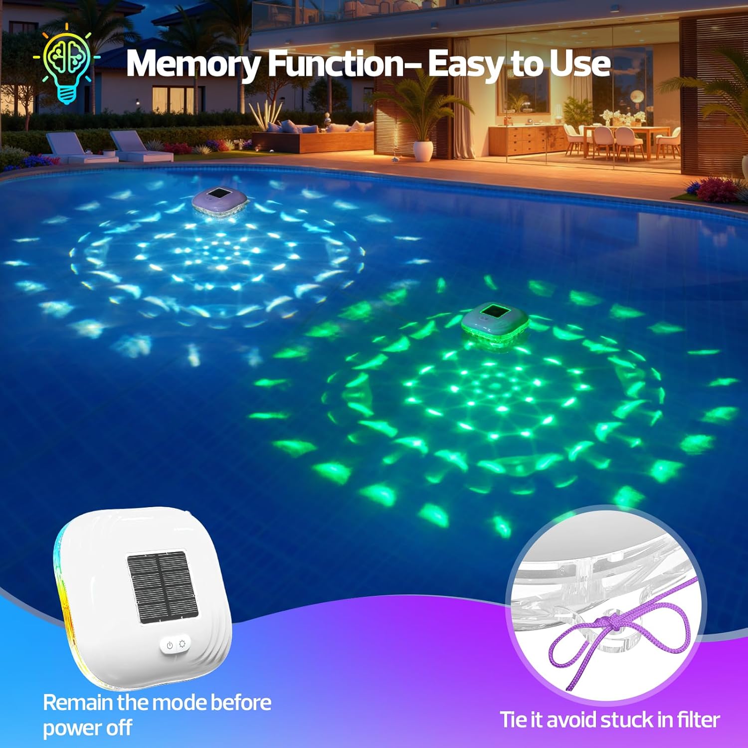 Floating Pool Lights Solar w/ 9 Dynamic Lighting, RGB Color Changing Solar Pool Lights That Float, IP68 Waterproof Floating Light for Hot Tub,Bath,Pond, Holiday Outdoor Garden Party Decor(2)