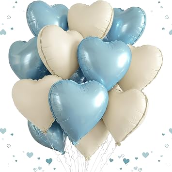12 PCS Light Blue Cream Heart Balloons, 18 Inch Light Blue Cream Heart Foil Balloons Reusable Love Balloons for Valentines Engagement Brithday Baby Shower Wedding Party Decorations