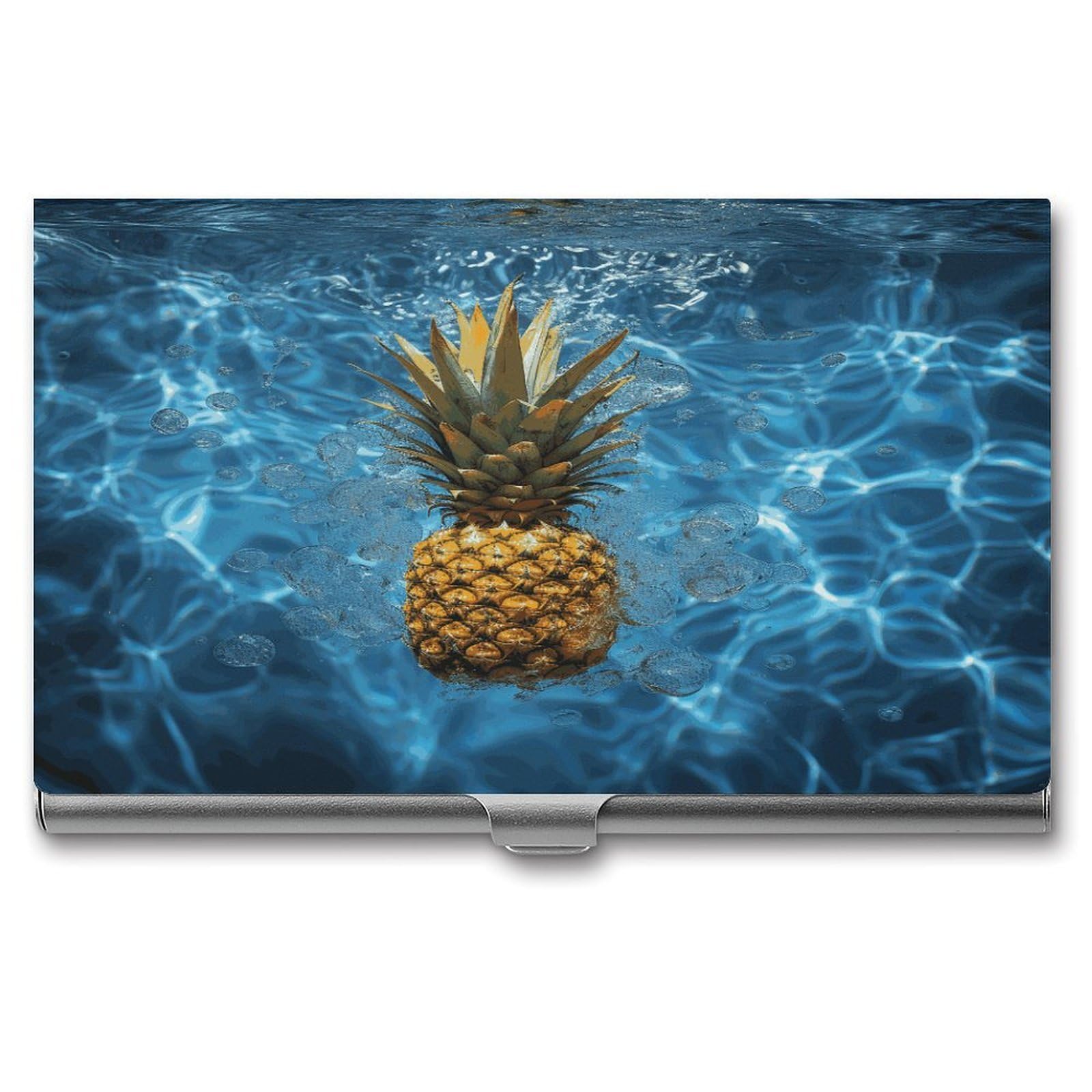 LDGSUPH Pineapple in The Pool Business Card Holder Fashion Slim Name Card Holder Minimalist Design Case Metal Card Carrier Personalized Business Card Case with Flip for Men Women