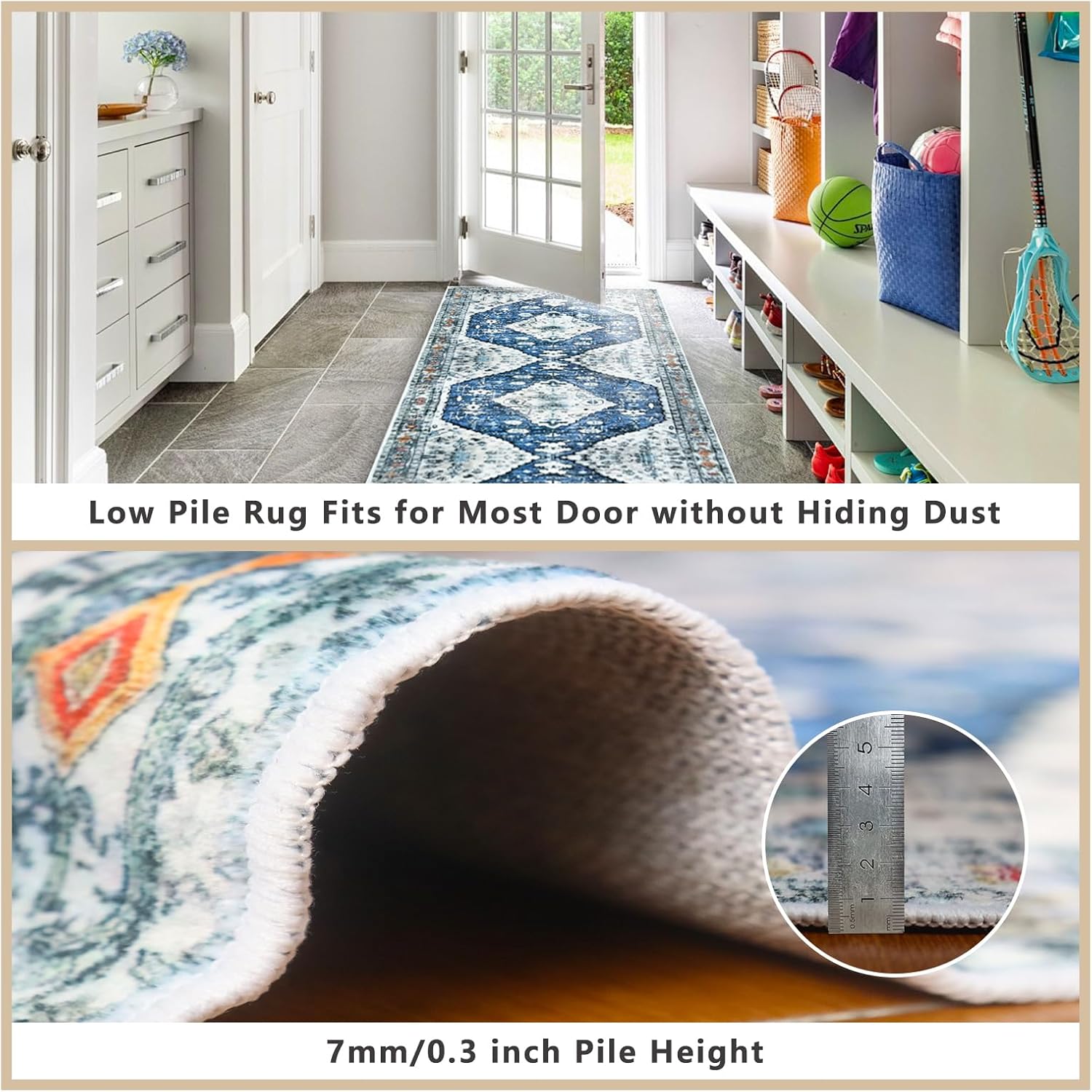 Washable Runner Rug 2'x8' Non Slip Boho Kitchen Runner Rug with Rubber Backing, Low Pile Soft Faux Wool Vintage Runner for Kitchen, Bedroom, Laundry, Entryway Indoor - Blue