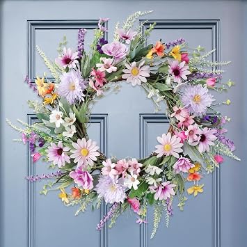 Spring Wildflower Wreath for Front Door,45cm Artificial Flower Wreaths with Colorful Daisy Flowers,Lavenders and Leaves,Silk Summer Lavender Daisy Floral Wreaths for Spring Summer Decor