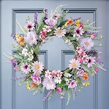 Spring Wildflower Wreath for Front Door,45cm Artificial Flower Wreaths with Colorful Daisy Flowers,Lavenders and Leaves,Silk Summer Lavender Daisy Floral Wreaths for Spring Summer Decor