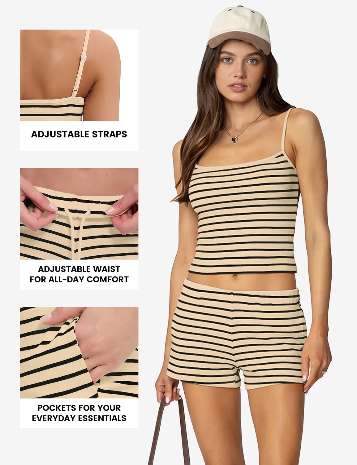 FAIABLE Women's Short Sets 2 Piece Outfit Y2K Striped Crop Top & Shorts Summer Lounge Casual Beach Vacation Matching Set