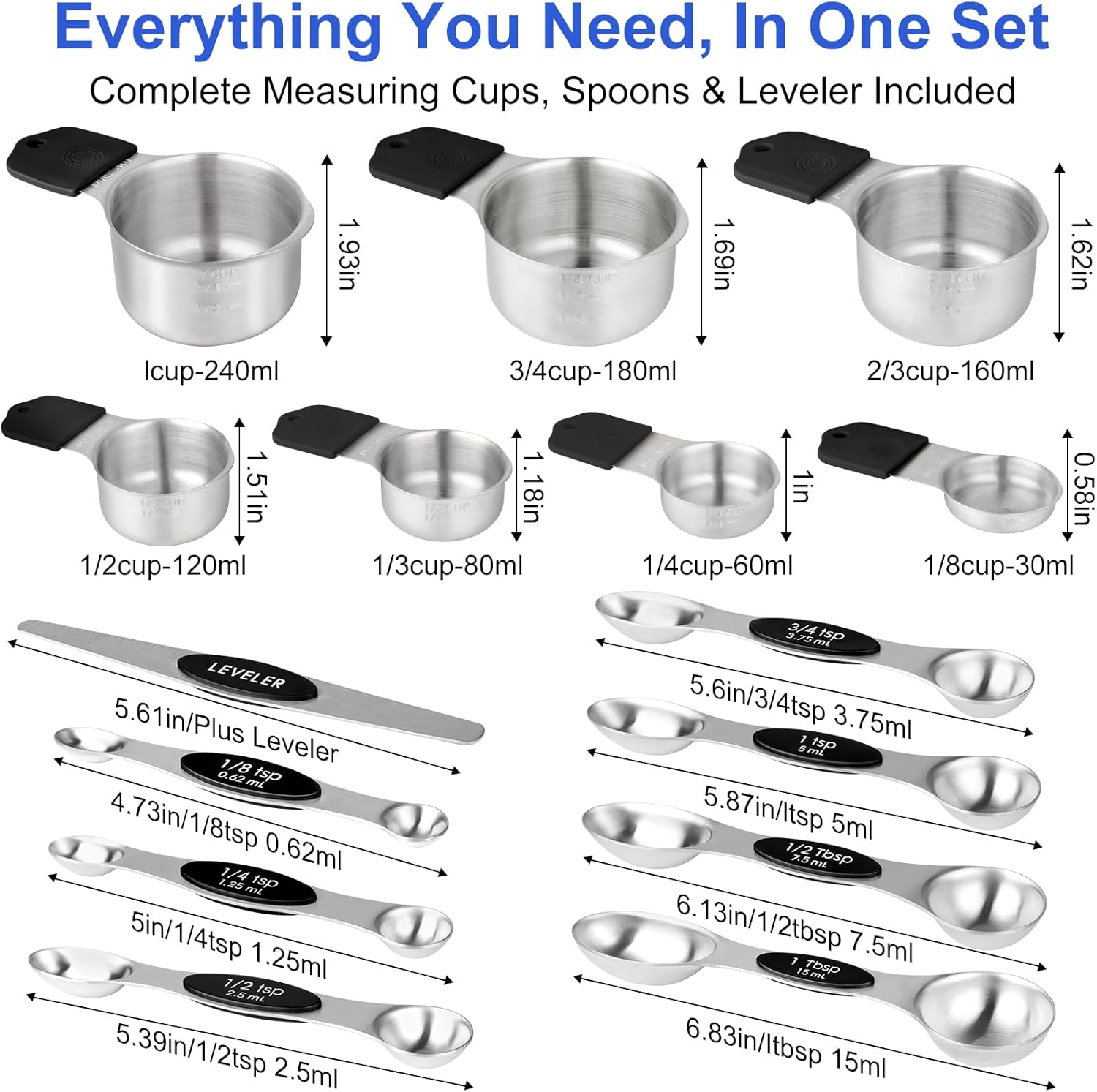 Magnetic Measuring Cups & Spoons Set, Strong N45 Magnets, Heavy Duty Stainless Steel Fits in Spice Jars for Baking & Cooking, BPA Free, Round Set of 15 with Leveler, Silver