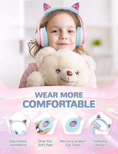 Miniatura 6 de iClever Cat Ear Kids Bluetooth Headphones, LED Lights Up, 74/85dBA Safe Volume Limited, 50H Playtime,Bluetooth 5.2, USB C, Kids Headphones Wireless