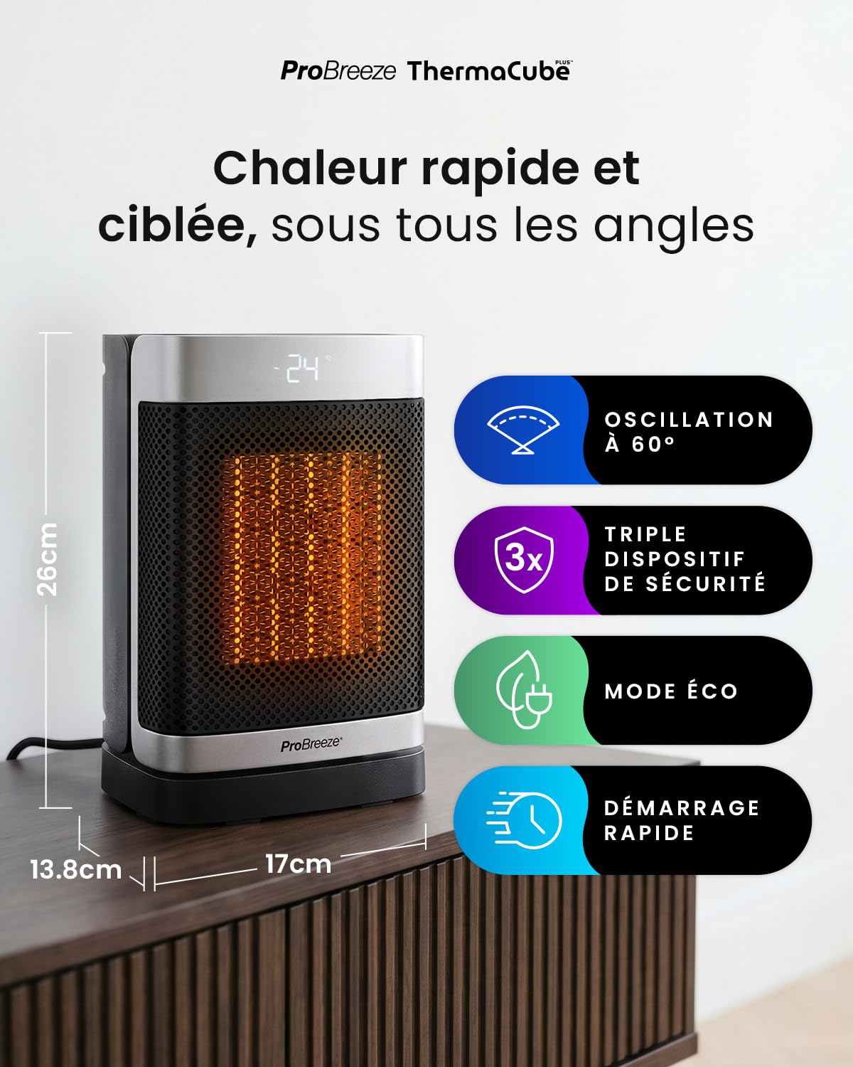 Pro Breeze Themacube mini Chauffage d'Appoint 1500W Céramique Soufflant Oscillant - Radiateur Électrique Mobile, Mode Ventilateur 2-en-1, Thermostat Éco, Télécommande, Écran Tactile Silencieux