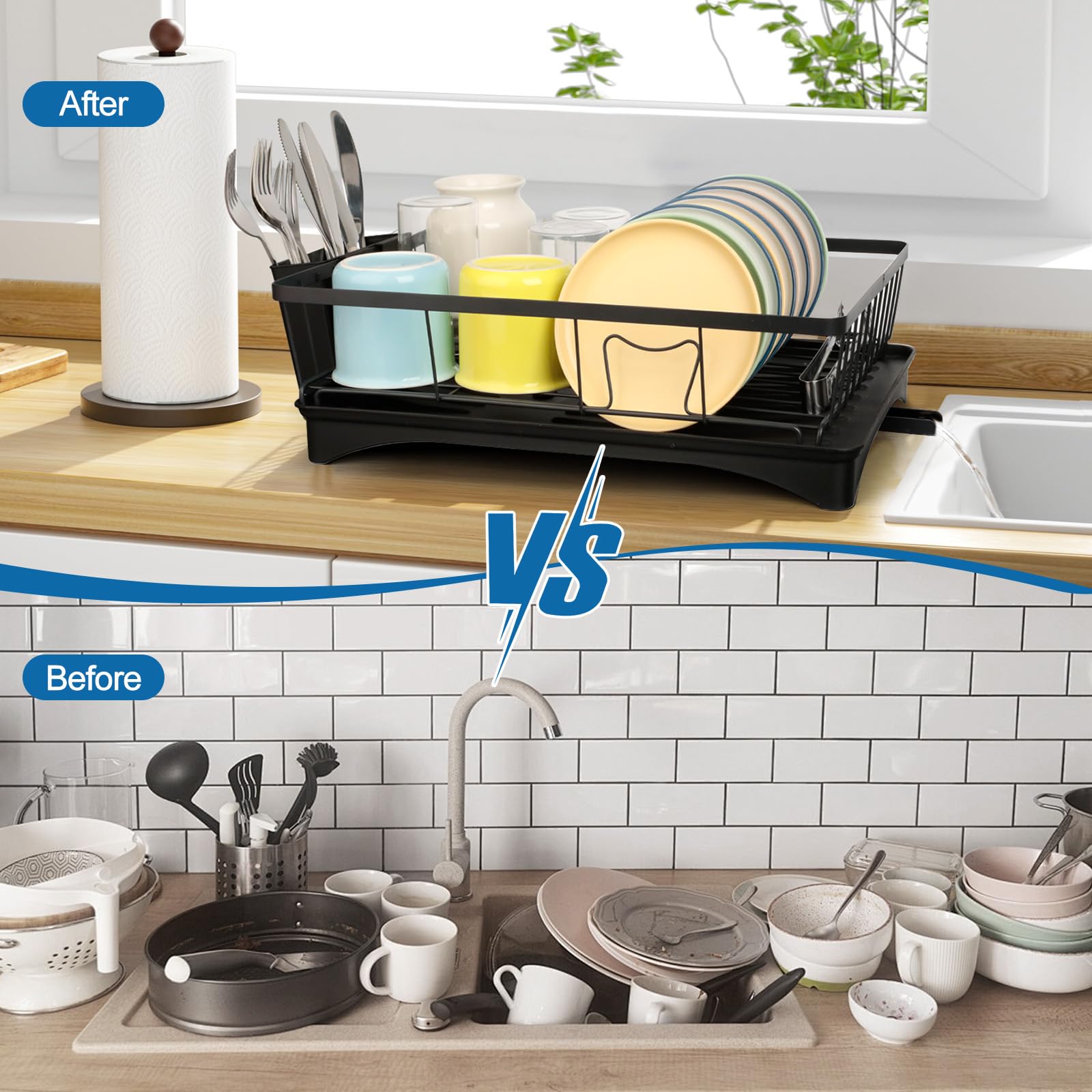 VINATO Scolapiatti da Appoggio, Scolapiatti da Lavello Salvaspazio Porta posate cucina con Bandeja Estraibile, Scolapiatti da Appoggio per Lavello Organizer Cucina 360° Scarico Regolabile, 42x30x13cm