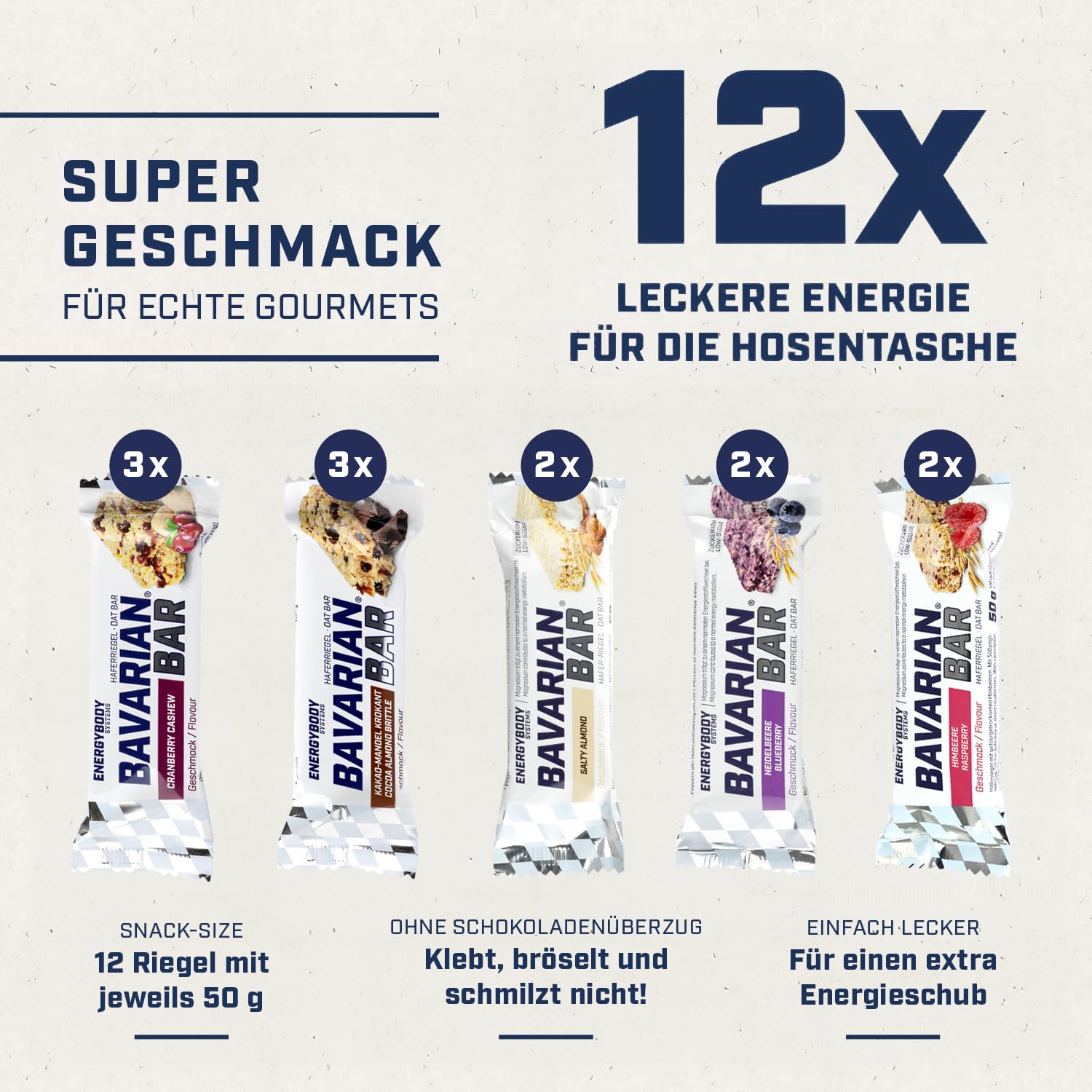 Energybody Bavarian Bar Mix Box 12x 50g / Haferriegel/Energieriegel als Oatsnack/Powerriegel als Sportnahrung/Haferflocken Riegel/Kohlenhydrate Riegel