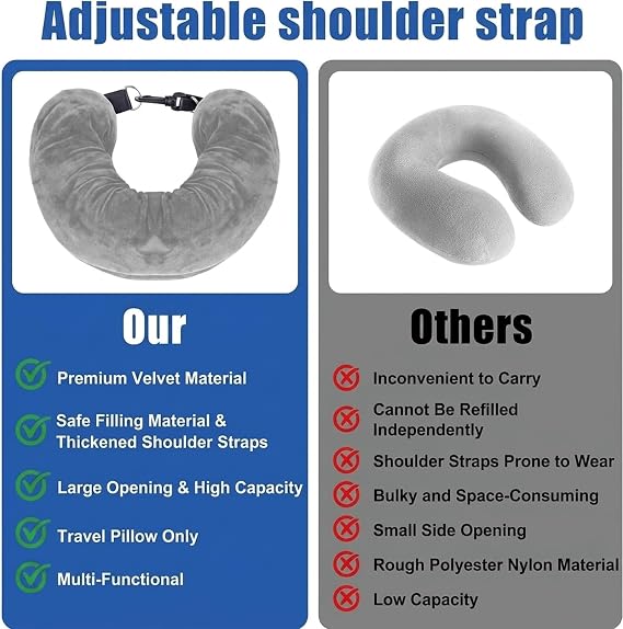 Stuffable Neck Pillow for Travel, U-Shaped Travel Pillow Storage Bag with Adjustable Straps and Clothes Storage for Extra Luggage, Plush Material Travel Essentials (Grey)