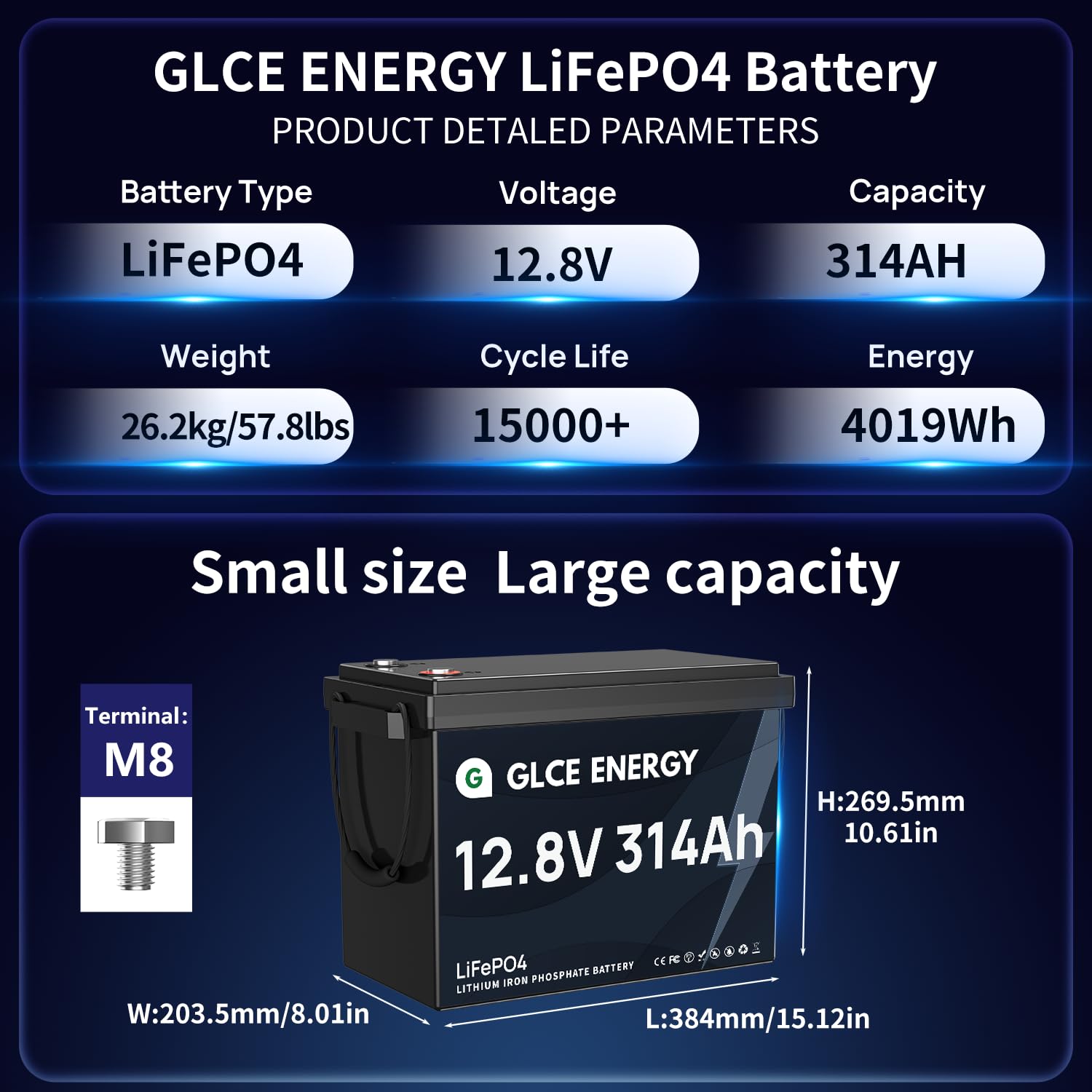 GLCE‑Energy - Batteria LiFePO4, 12 V, 300 Ah (314 Ah), 4000-15000 a ciclo profondo, Bluetooth 200 A, BMS, batteria al litio 4019 Wh, adatta per impianti solari, camper, impianti di archiviazione