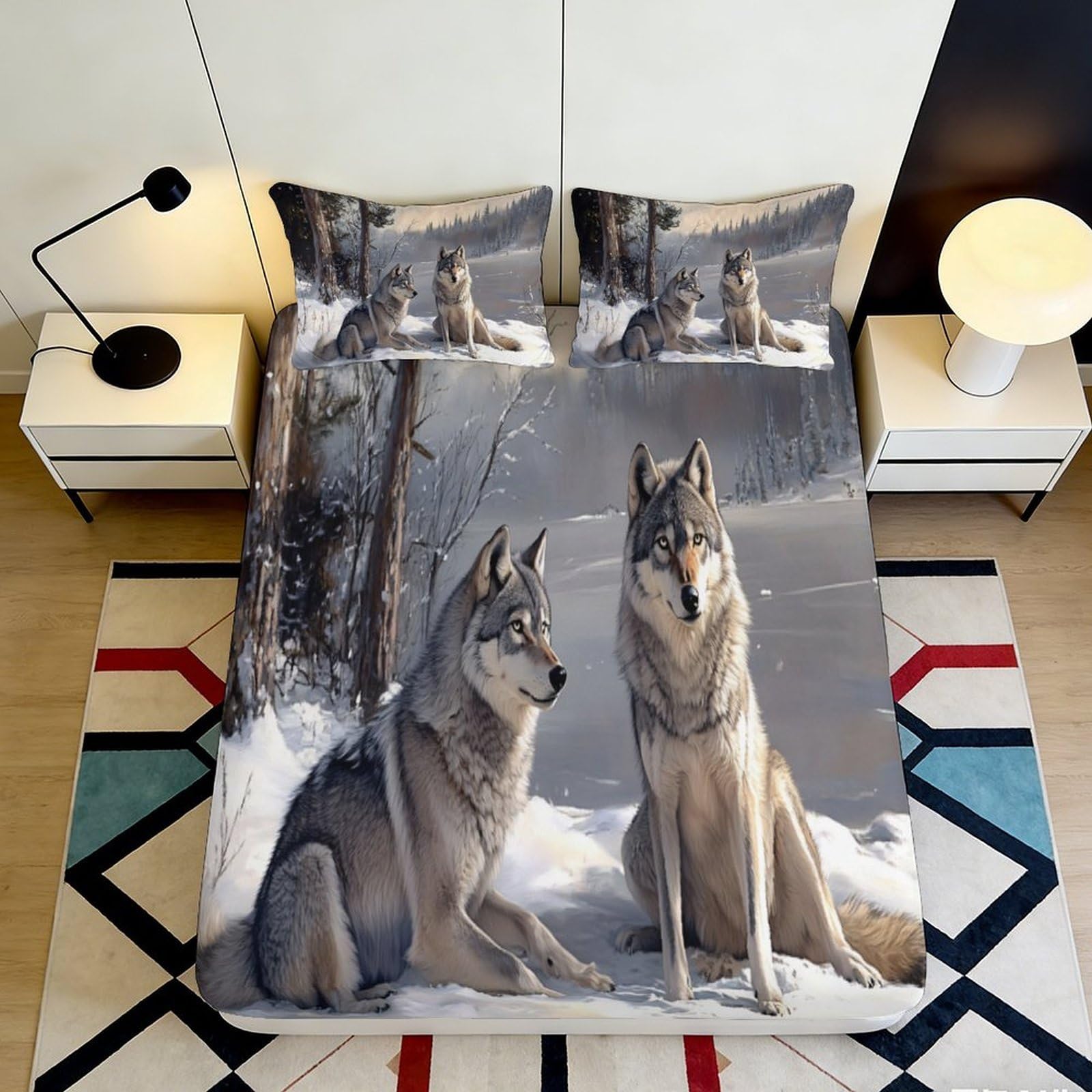 Pnayamiorkfel Style-1 3D Printed Wolf Forest Fitted Sheet Microfiber Soft Non-Slip Winter Snow Mattress Cover Bedroom Decor 90X200x25cm