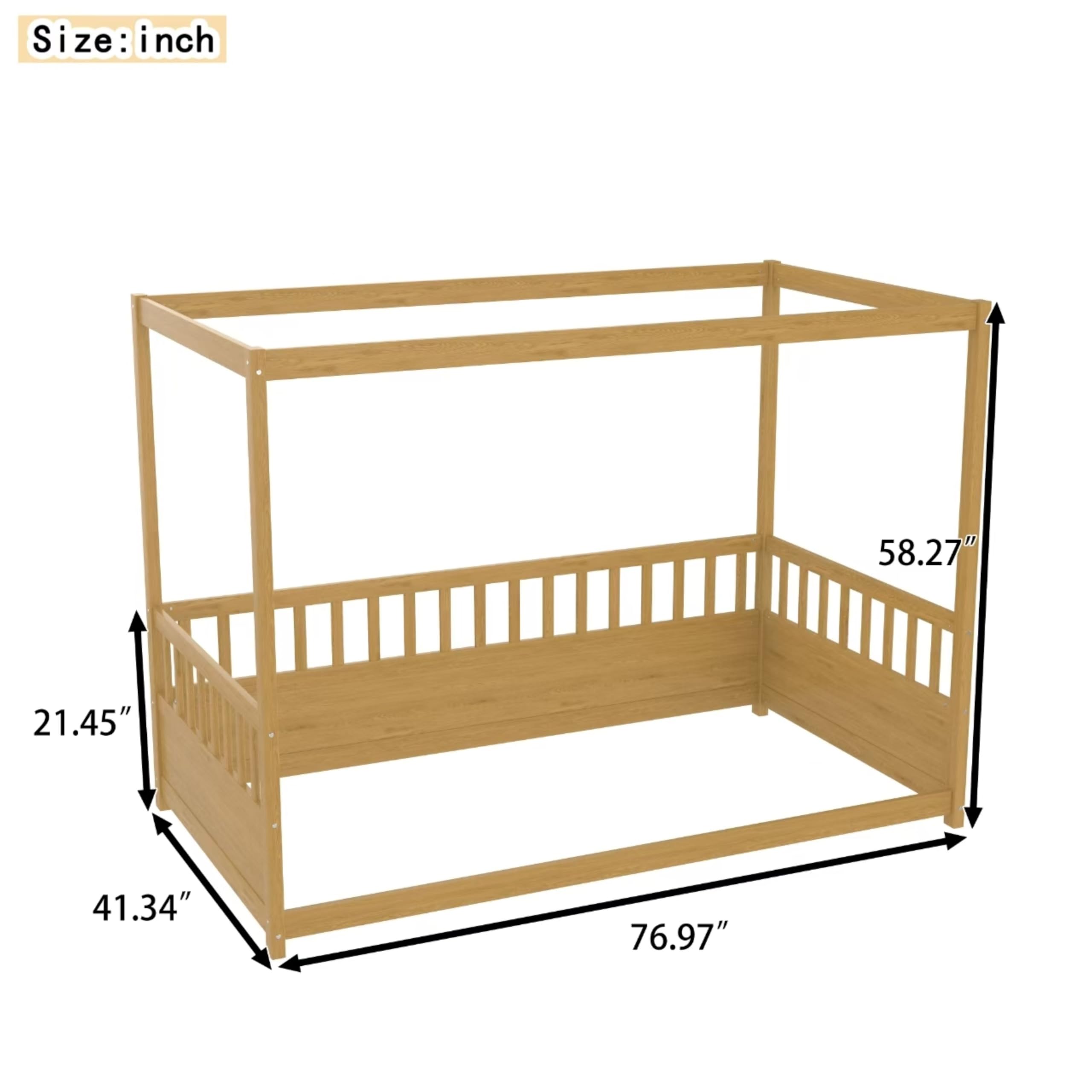 METAMONDE 8 M Twin Size Wooden Canopy Bed Frame, Floor Bed with 21.45 Inch Safety Rails, Natural Pine Wood