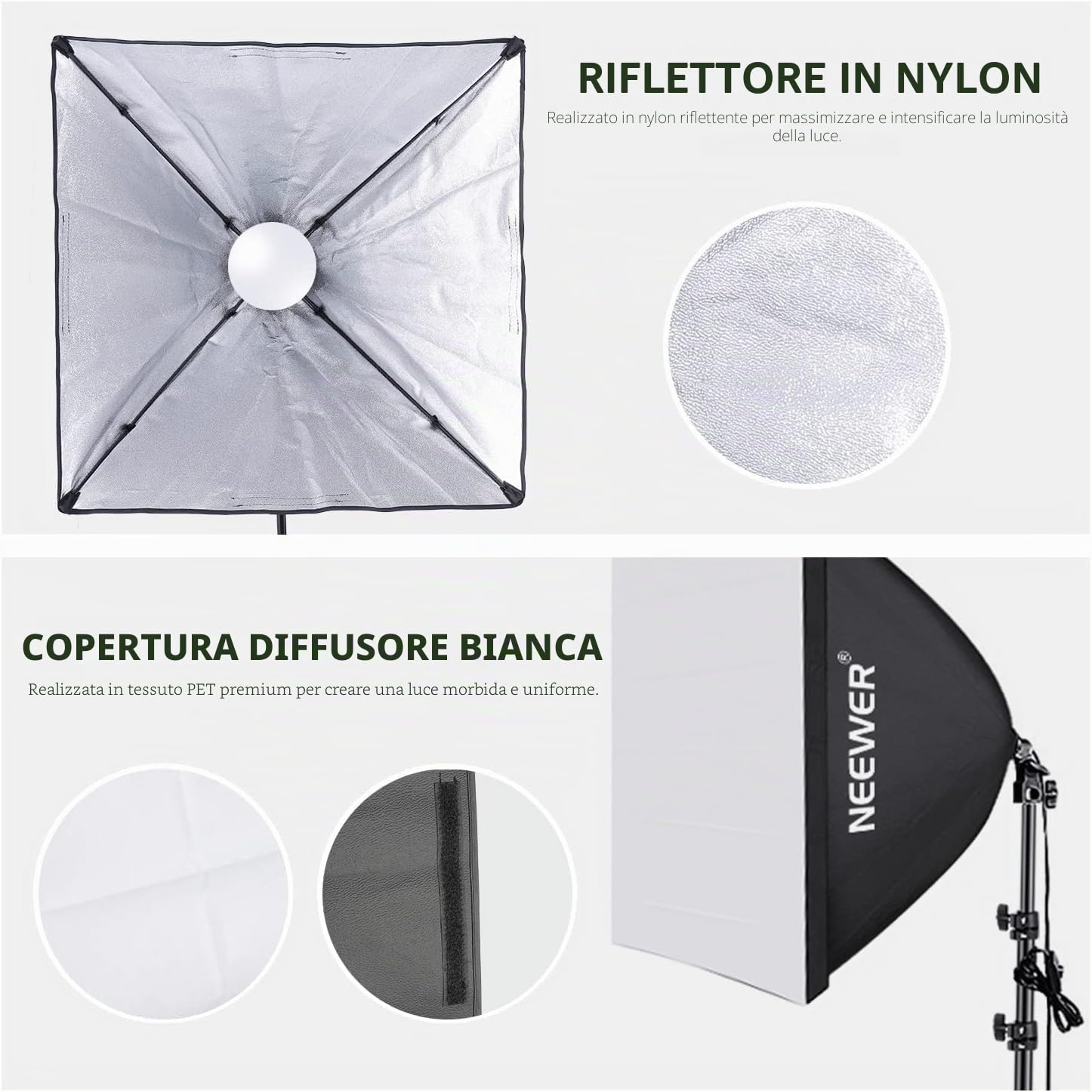 Neewer®, softbox con Luce da 700 W per fotografie Professionali, 60 x 60 cm, con Attacco E27, Kit per Studio Fotografico, per fotografie e riprese Video