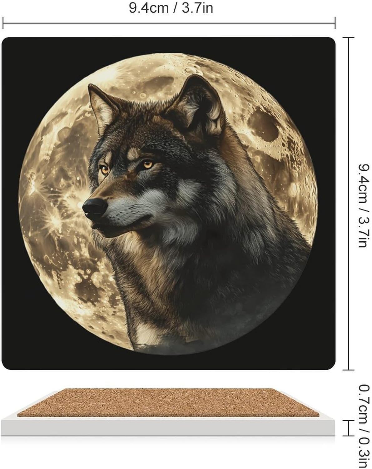 Wolf and Moon Funny Ceramic Coasters for Drinks Absorbent Cup Holder Tabletop Protector with Cork Base