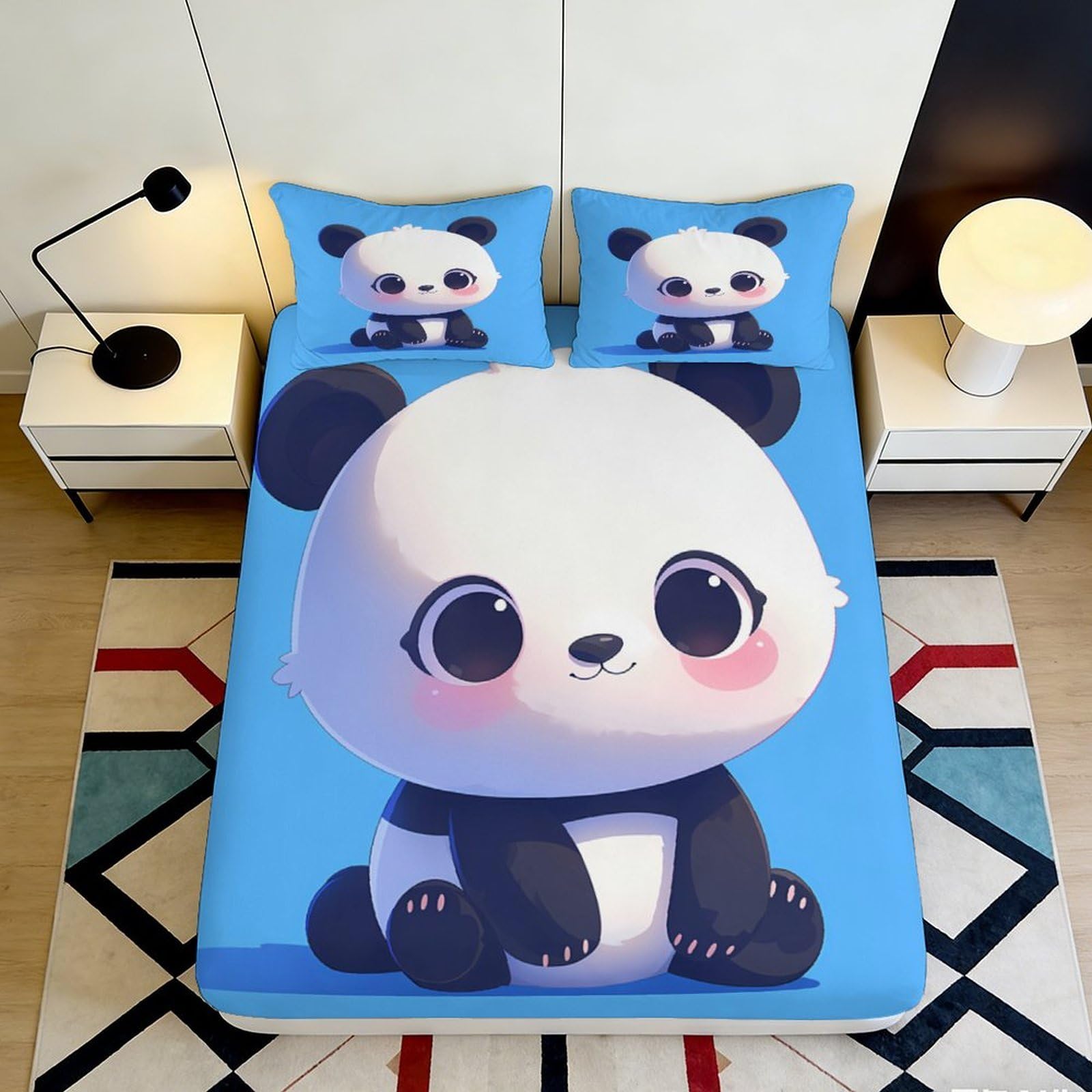 3D Printed Cartoon Panda Fitted Sheet Microfiber Deep Pocket Bedroom Set Panda Mattress Fitted Cover Washable Non-Slip 200x200x25cm