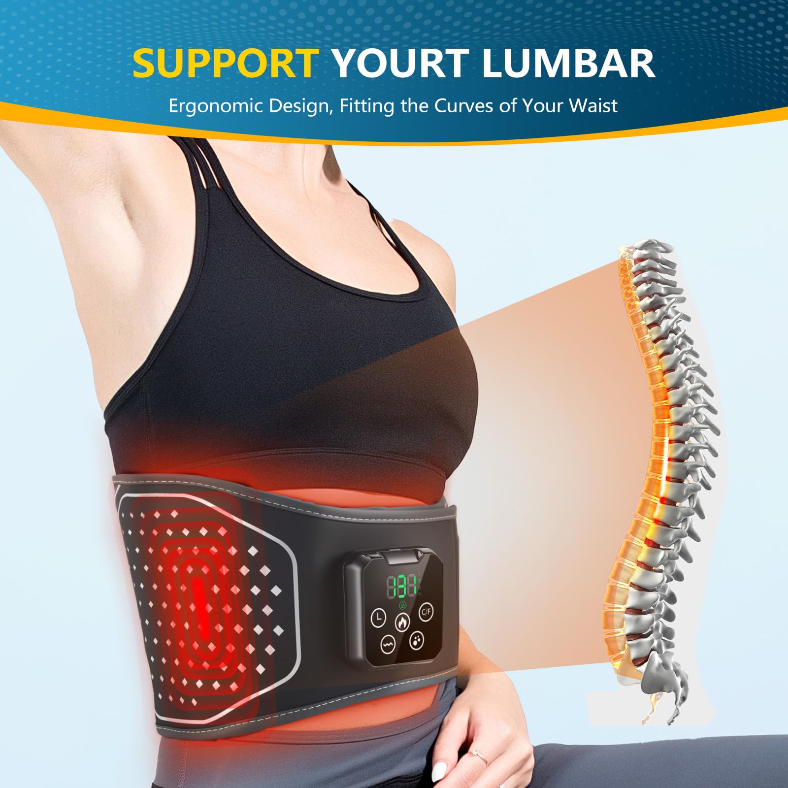 Ceinture Chauffante Lombaire sans Fil, Ceinture Lombaire Chauffante 3 Modes de Massage à Air, 3 Modes de Vibration, 4 Niveaux de Chaleur pour Soulager des Douleurs Lombaires, 4000mAh, Écran Tactile