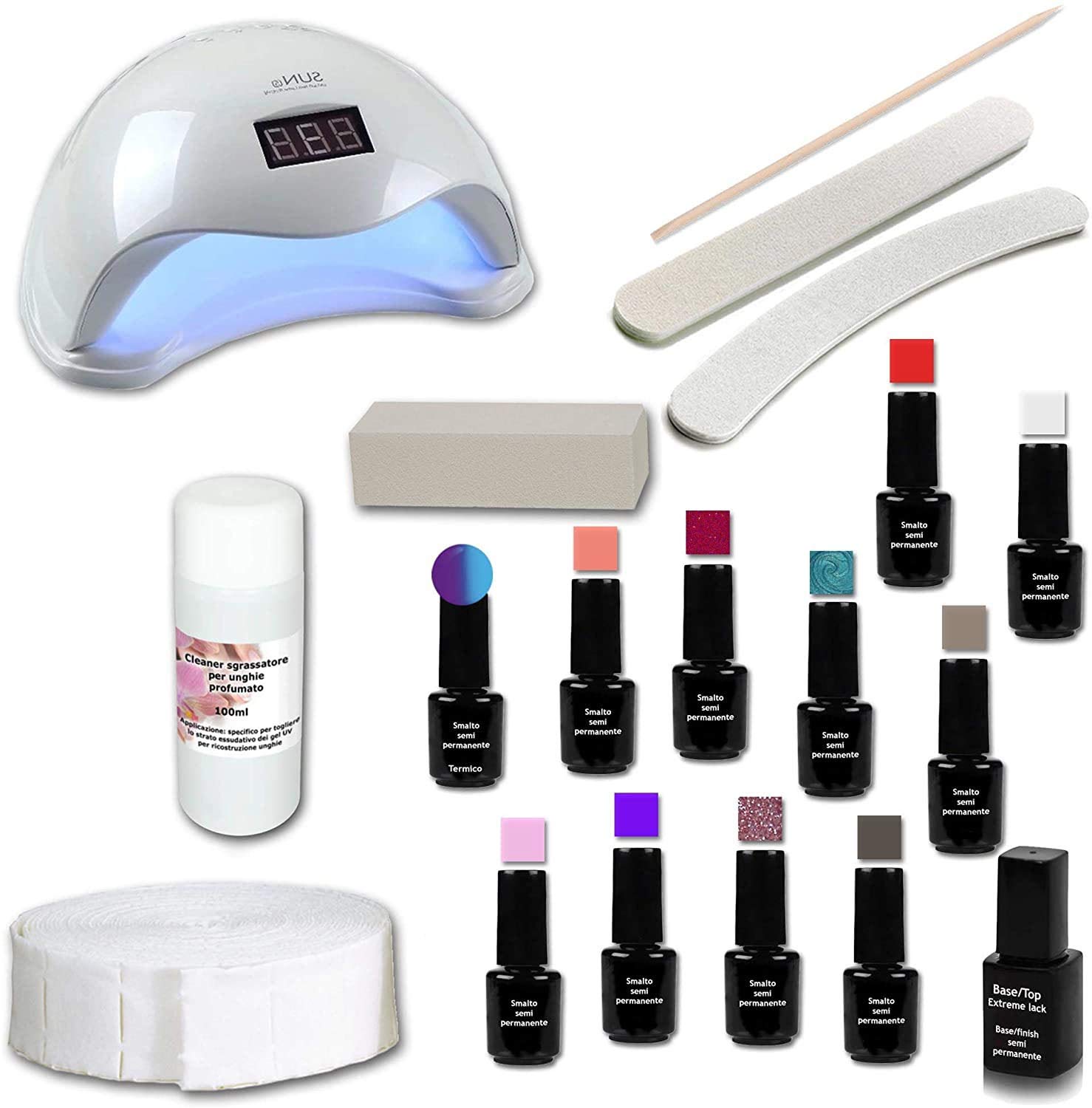 Kit smalto semipermanente 11 colori 5ml + Base/top 12ml ed accessori + Lampada LED/UV 36W