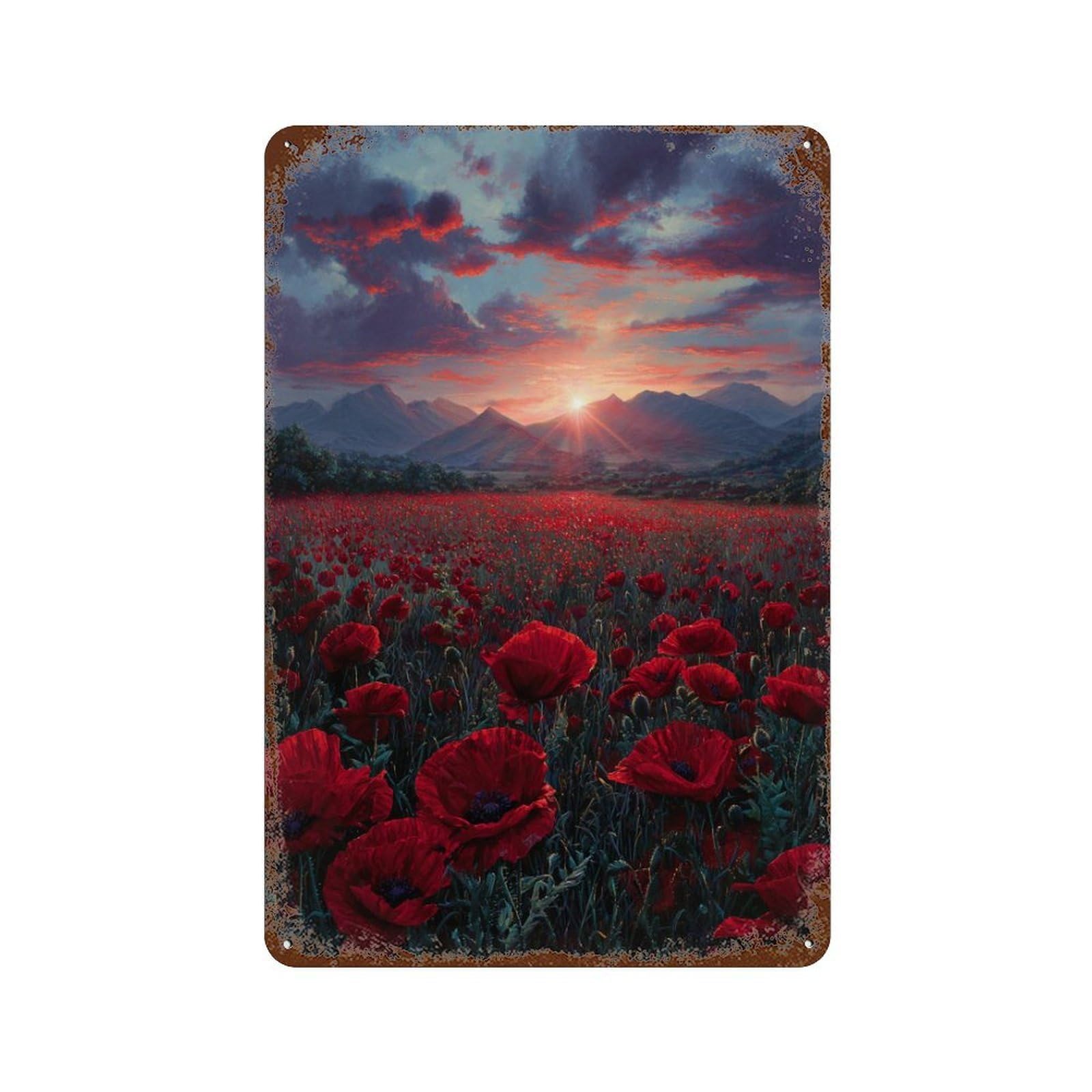 Rustic Tin Plaque with Poppy Field Sunset Landscape Design 11.8"x7.9", for Pub, Kitchen And Man Cave Decor, Old School Wall Decor