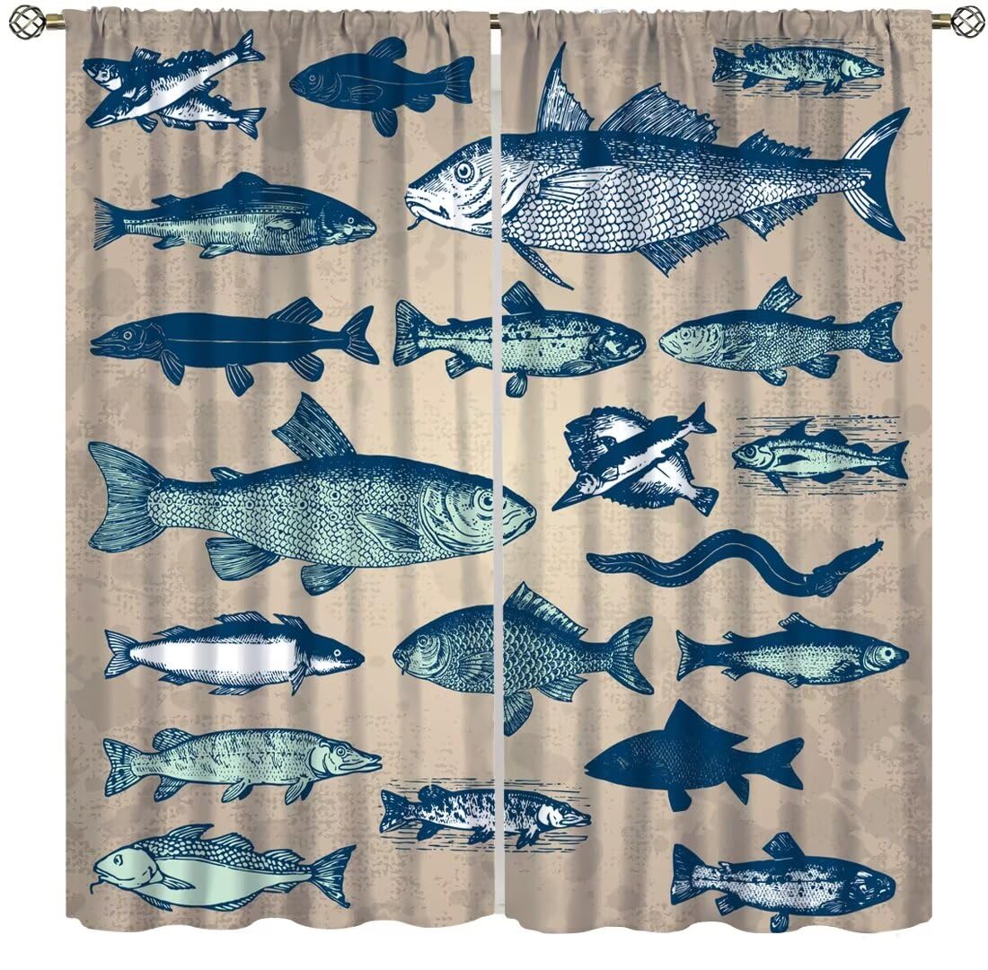 Rideau occultant cuisine et chambre vintage poissons fruits de mer 106x137cm