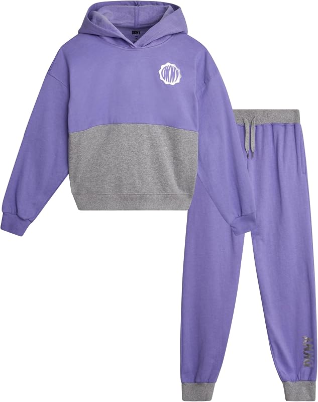 Conjunto de buzo y pantalón de chándal de forro polar de 2 piezas DKNY para niña (talla 4-16) | Suave y acogedor forro polar cálido, jersey a juego y pantalones de chándal de cintura elástica para el día a día