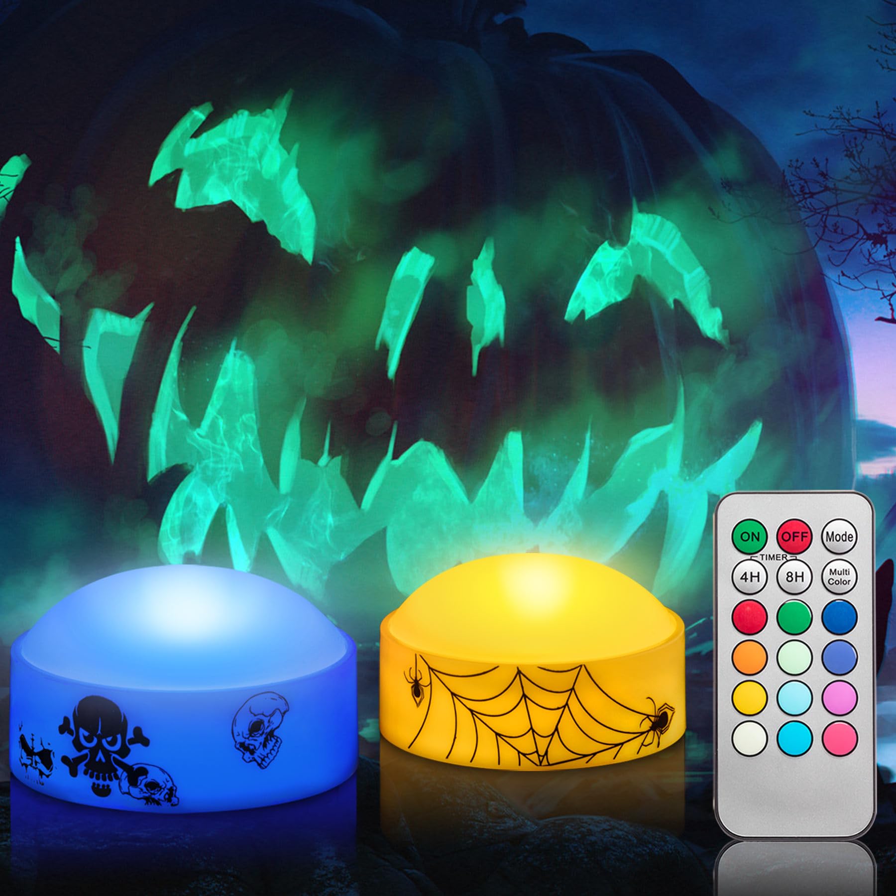 CANDLE IDEA 2 PCS Color Changing Halloween LED Pumpkin Candle Lights with Remote and Timer, Colored Battery Operated Jack-O-Lantern Light for Outdoor Halloween Flameless Pumpkin Home Decorations