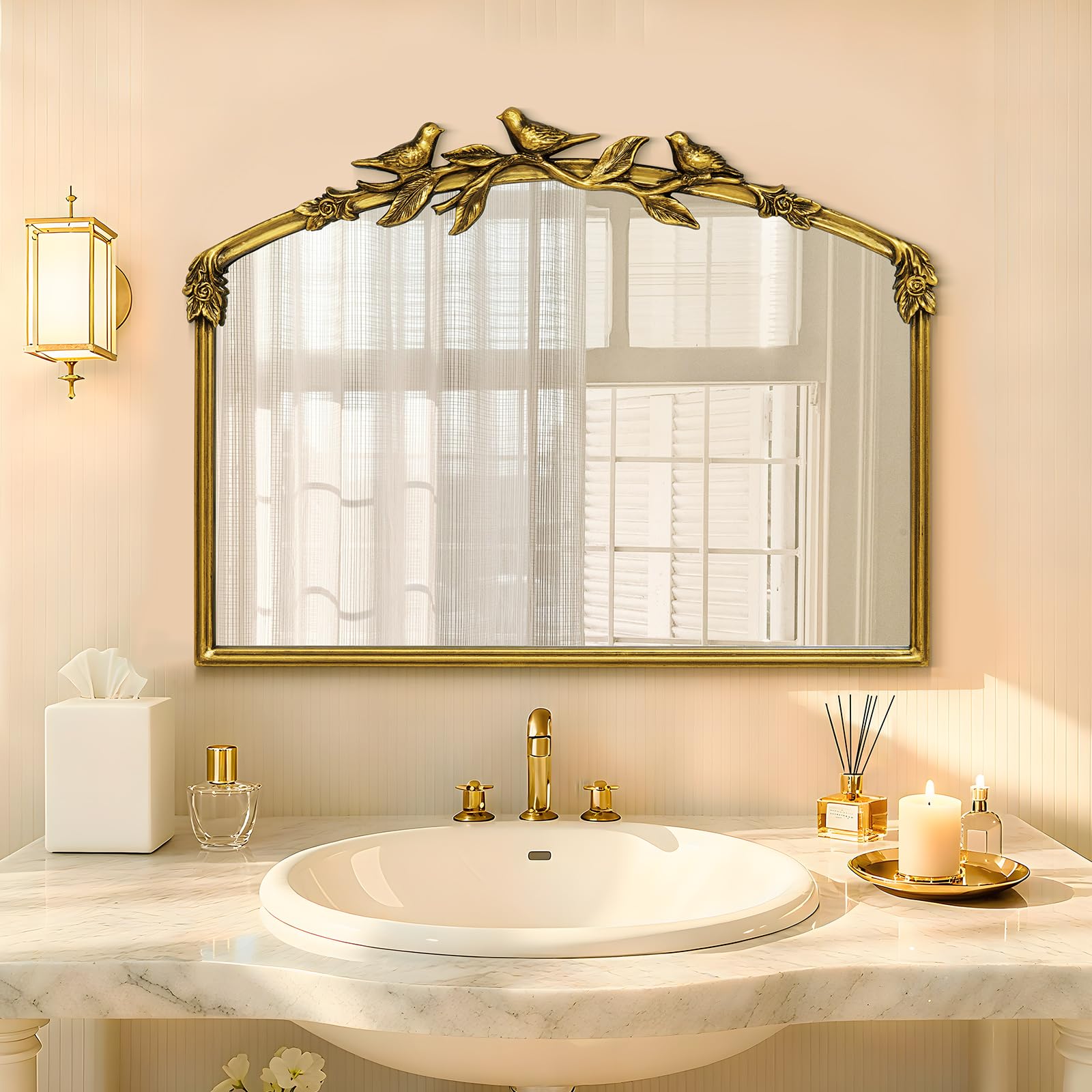 Miroir Baroque doré Antique 80 x 60(H) cm – Cadre Vintage en Fonte avec Fleurs en résine sculptées à la Main, Miroir Mural incassable pour Salle de Bain, Salon et Chambre à Coucher