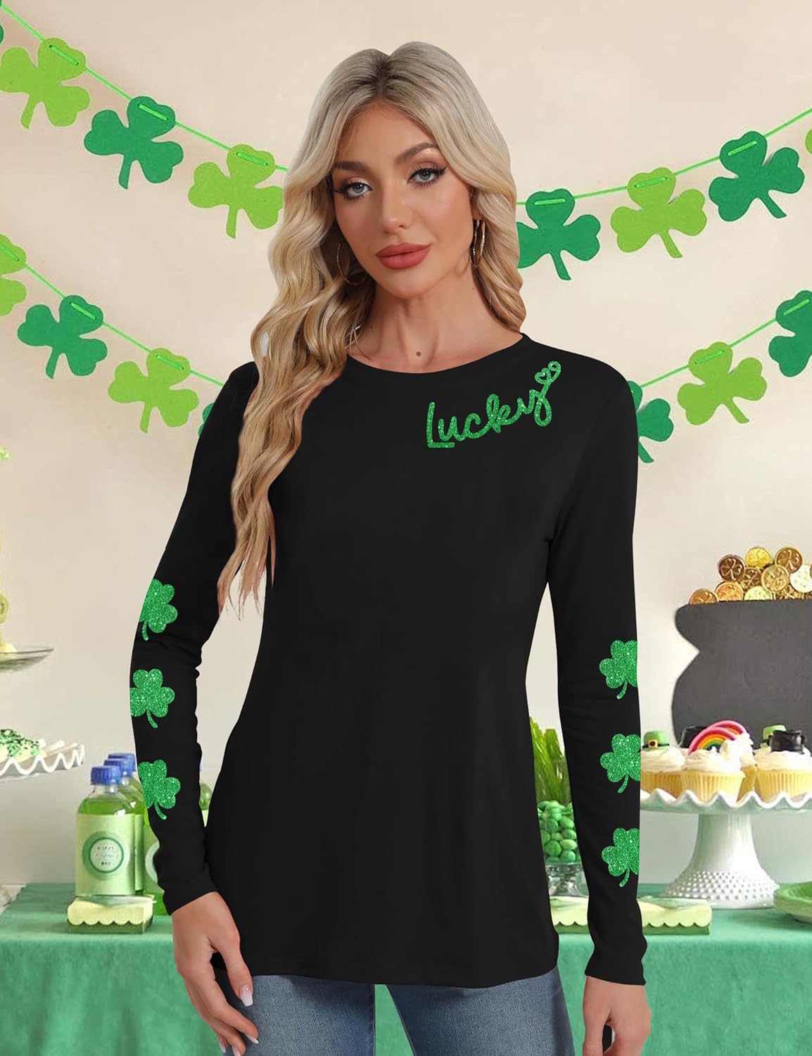 LAZYCHILD St Patricks Day Shirt Women: Lucky Shamrock Tshirt Saint Patricks Day Green Clover Long Sleeve Tops - Image 5