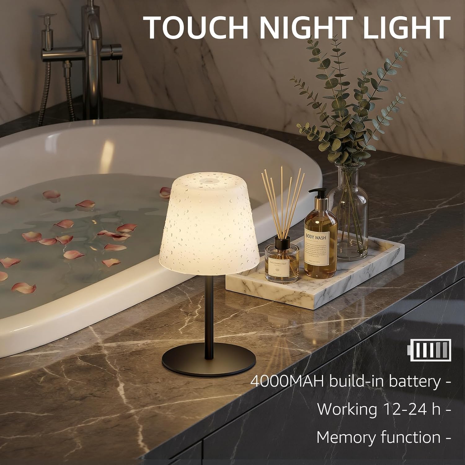 Waterproof Rechargeable Shower Lamp, Cordless Bathroom Table Lamp with 4000mAh Battery, 3 Color Temperatures Dimmable, Portable LED Nightlight for Bathtub, Relaxing Spa, Patio & Camping