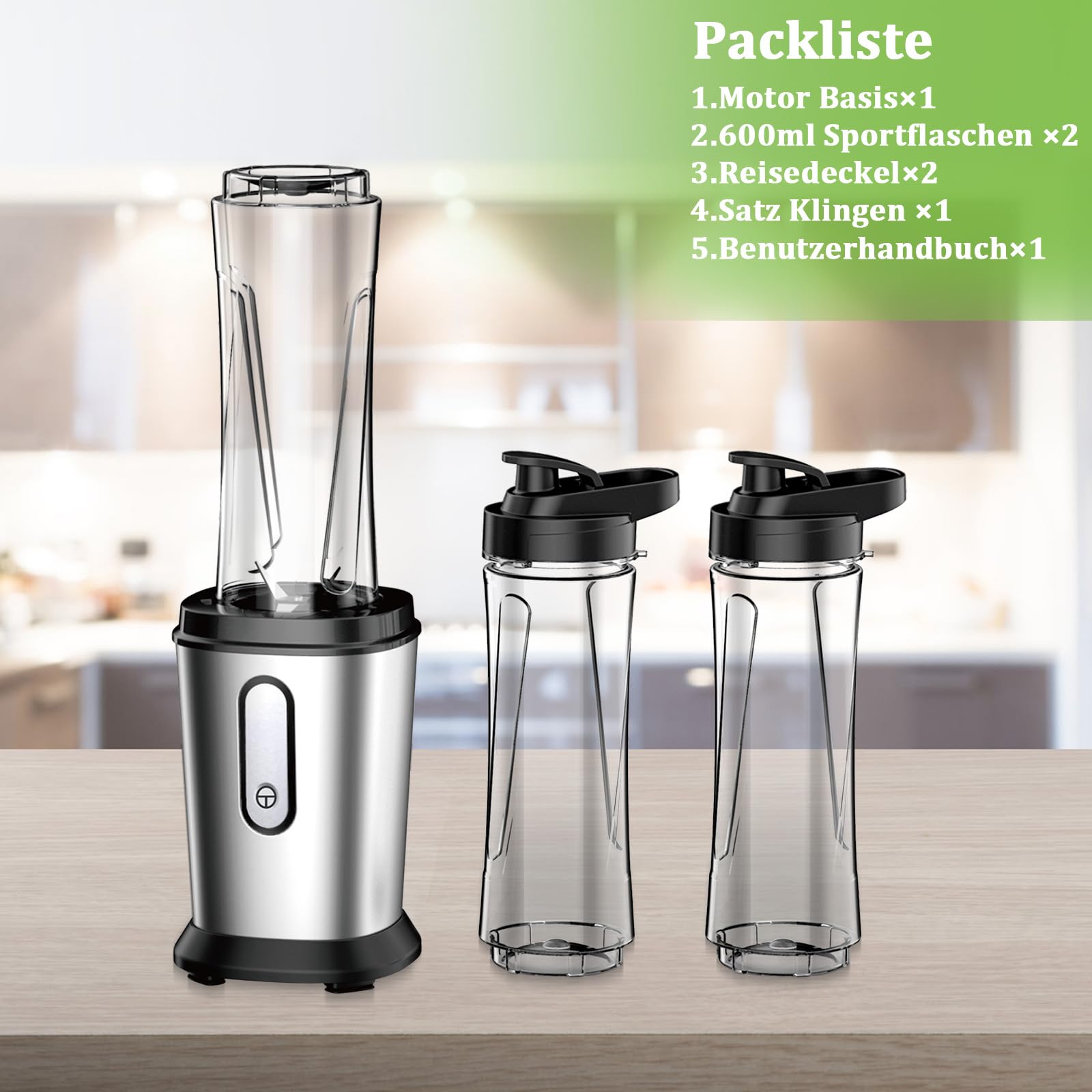 Mixer, 500W Mini Standmixer & Smoothie Maker mit 2x600ml Flaschen BPA frei Tritan, Tragbarer Mixer Smoothie Maker aus Edelstahl 4-Blatt für Shake, Smoothie, Silber (Silber)