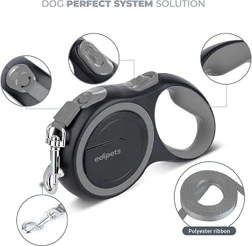 Edipets, Retractable Extendable Dog Leash, 3, 5 and 8 Metres, Flexible Tape for Training and Walking, with Lock and Brake, Design and Comfortable Grip (8 Metres, Grey)