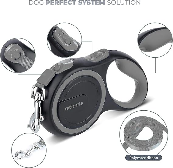 Edipets, Retractable Extendable Dog Leash, 3, 5 and 8 Metres, Flexible Tape for Training and Walking, with Lock and Brake, Design and Comfortable Grip (8 Metres, Grey)