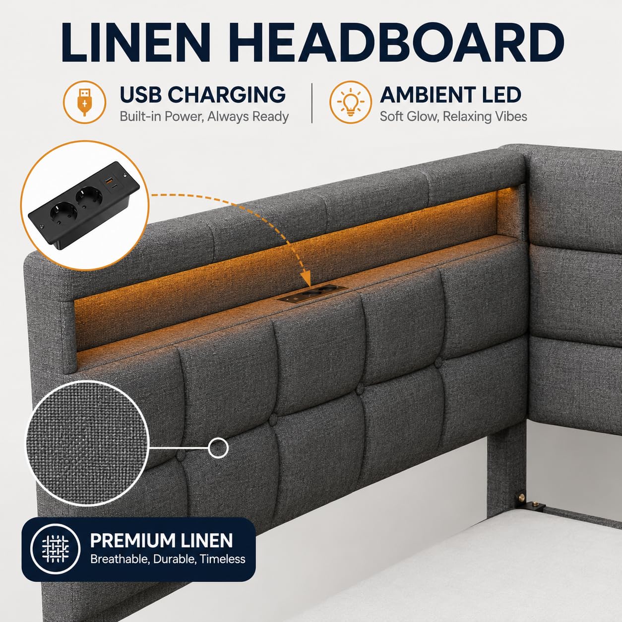 BRILVERDE Letto Contenitore 140x190 con Cassetti, Letto imbottito con luce LED/USB, Divano letto con Testiera contenitore, con Rete a Doghe, Lino(Grigio, 140 x 190 cm)