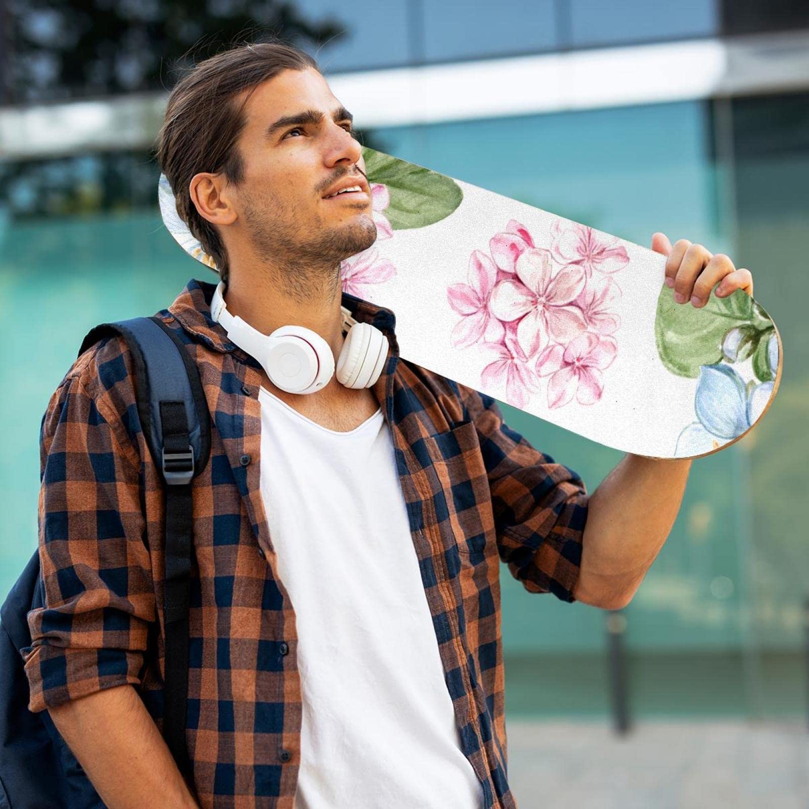 Lot de 2 feuilles de papier abrasif pour skateboard Motif floral Rose/bleu
