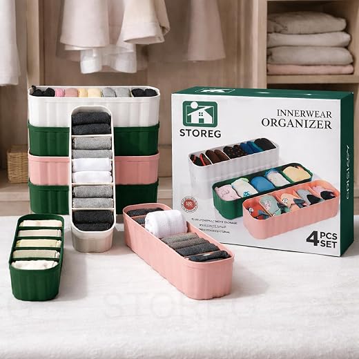 STOREG Drawer Organizer Set of 4 for Underwear, Bras, Socks &amp; Ties – Foldable Wardrobe Storage Boxes &amp; Closet Dividers – W...