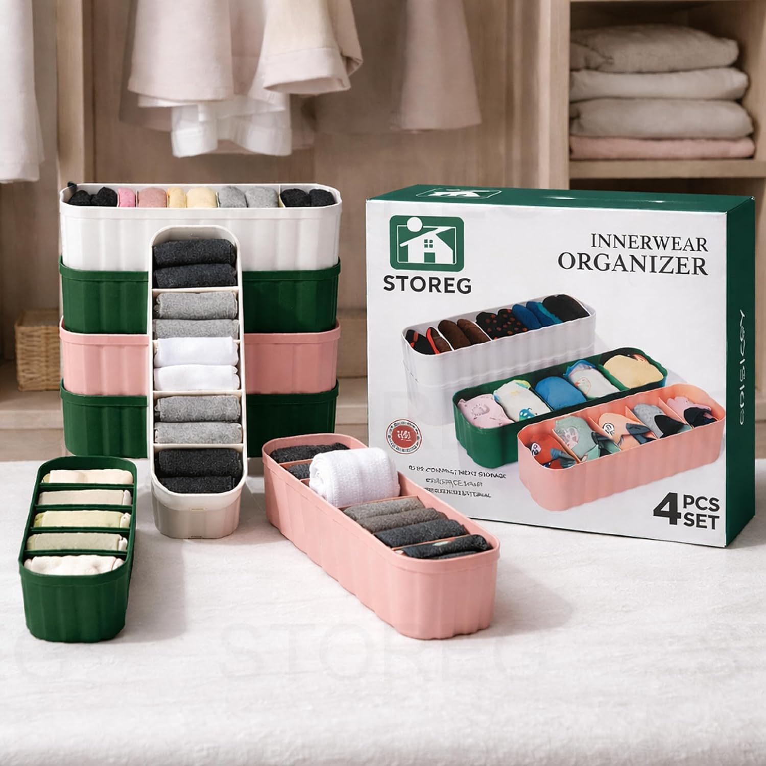 STOREG Drawer Organizer Set of 4 for Underwear, Bras, Socks & Ties – Foldable Wardrobe Storage Boxes & Closet Dividers – W...