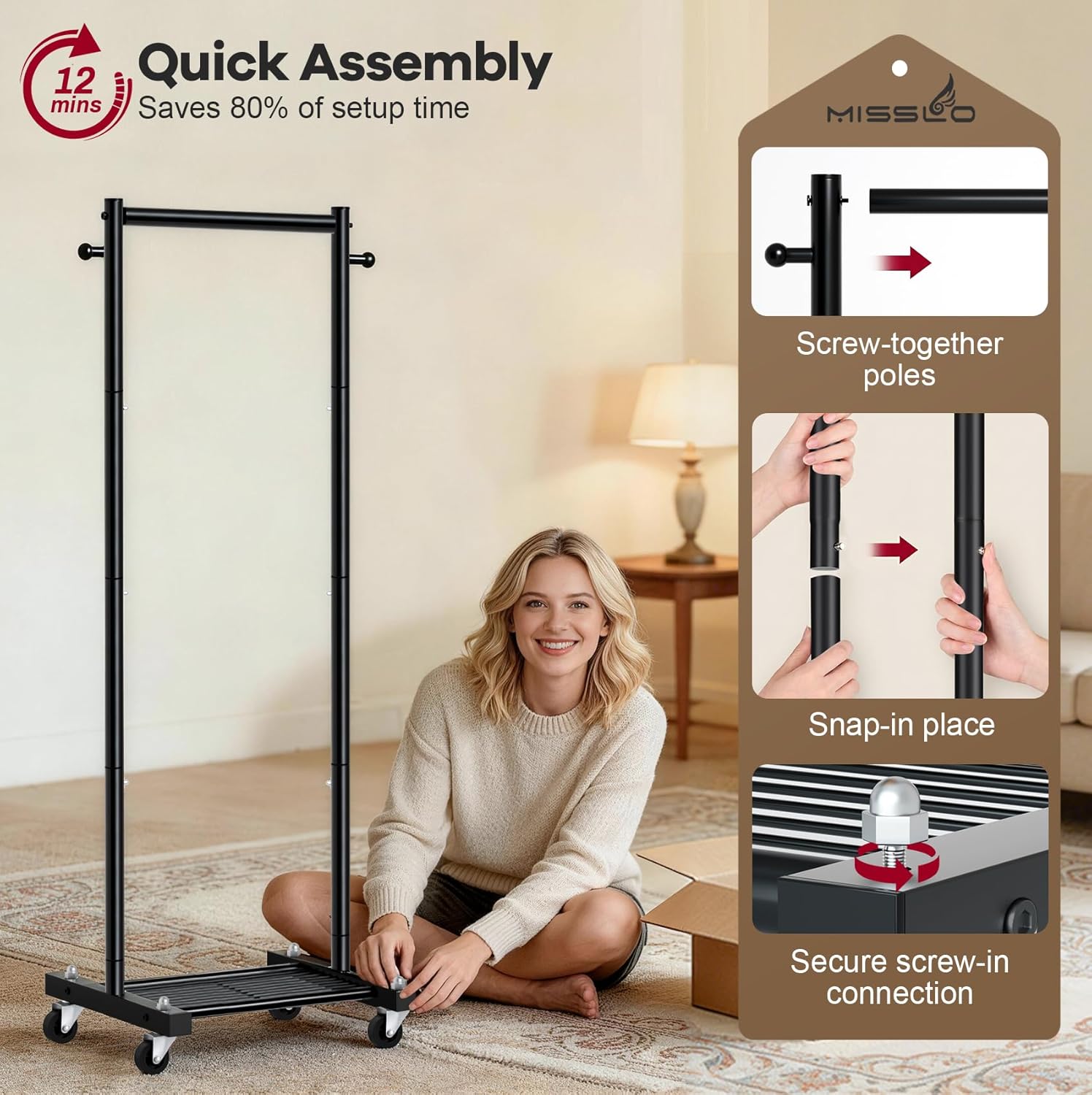 MISSLO Small Clothes Racks for Hanging Clothes Clothing Rack with Wheels 60" Metal Garment Rack with Shelves Portable Rolling Wardrobe Rack for Small Space, Black