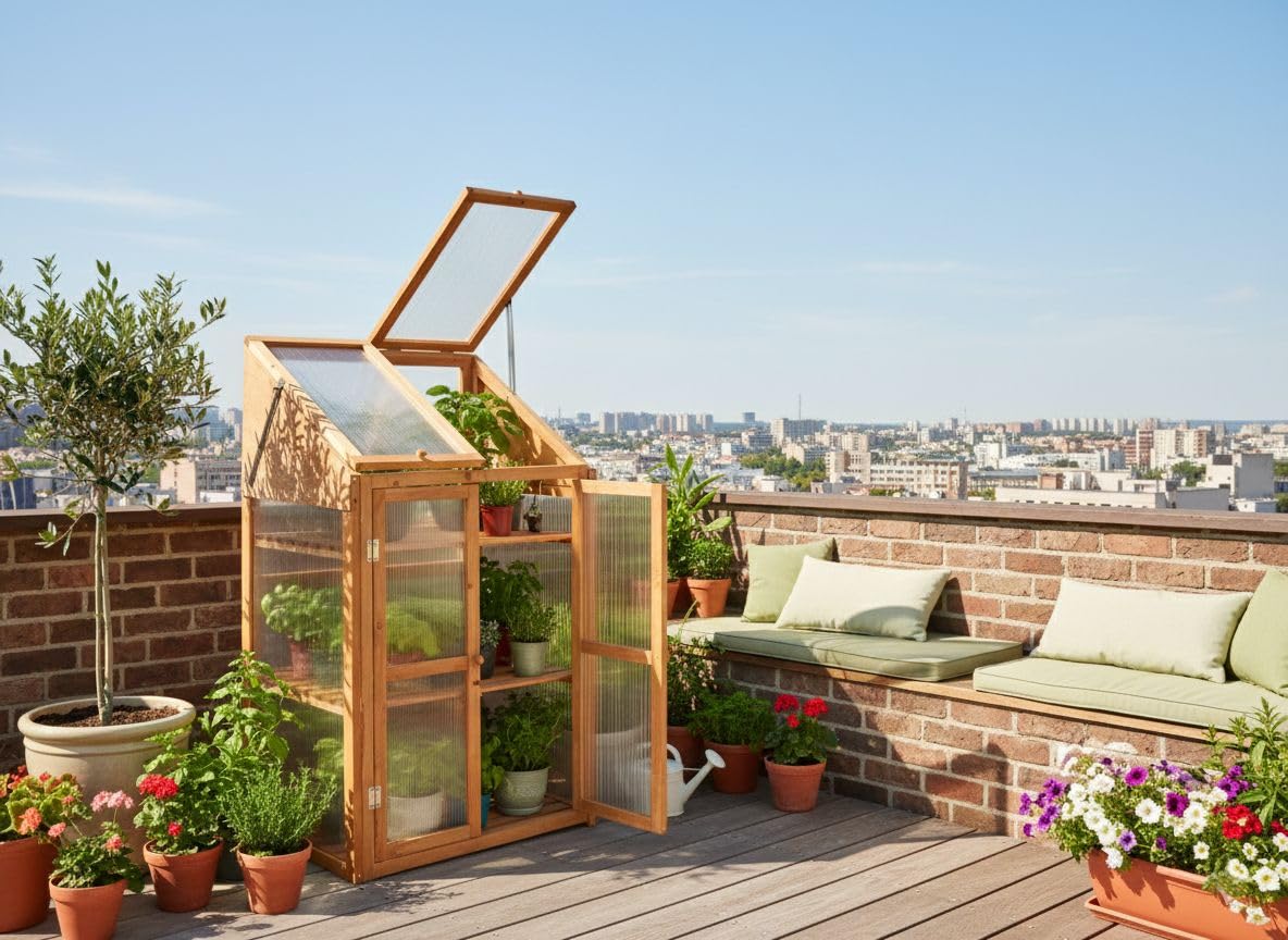 Serre de Balcon en Bois à 3 Niveaux avec Double Porte et Panneau Transparent Meuble de Jardin Marron Clair Volvera