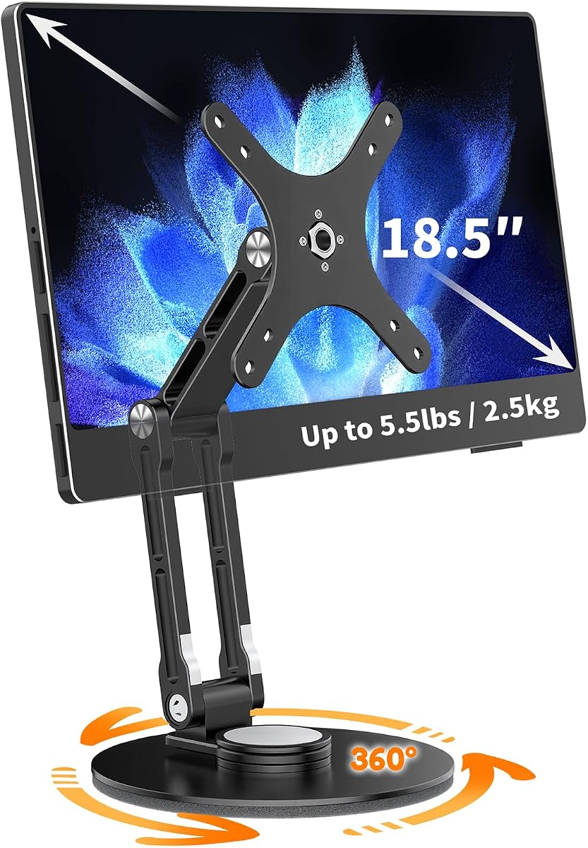 Portable Monitor Stand VESA Mount, Tilt & Rotation Joints Use Metal Hinges, Foldable Aluminum Desk Mount for 13-18.5 Inch & up to 5.5 lbs Small Monitors, Suitable for Home Office Travel (Black)