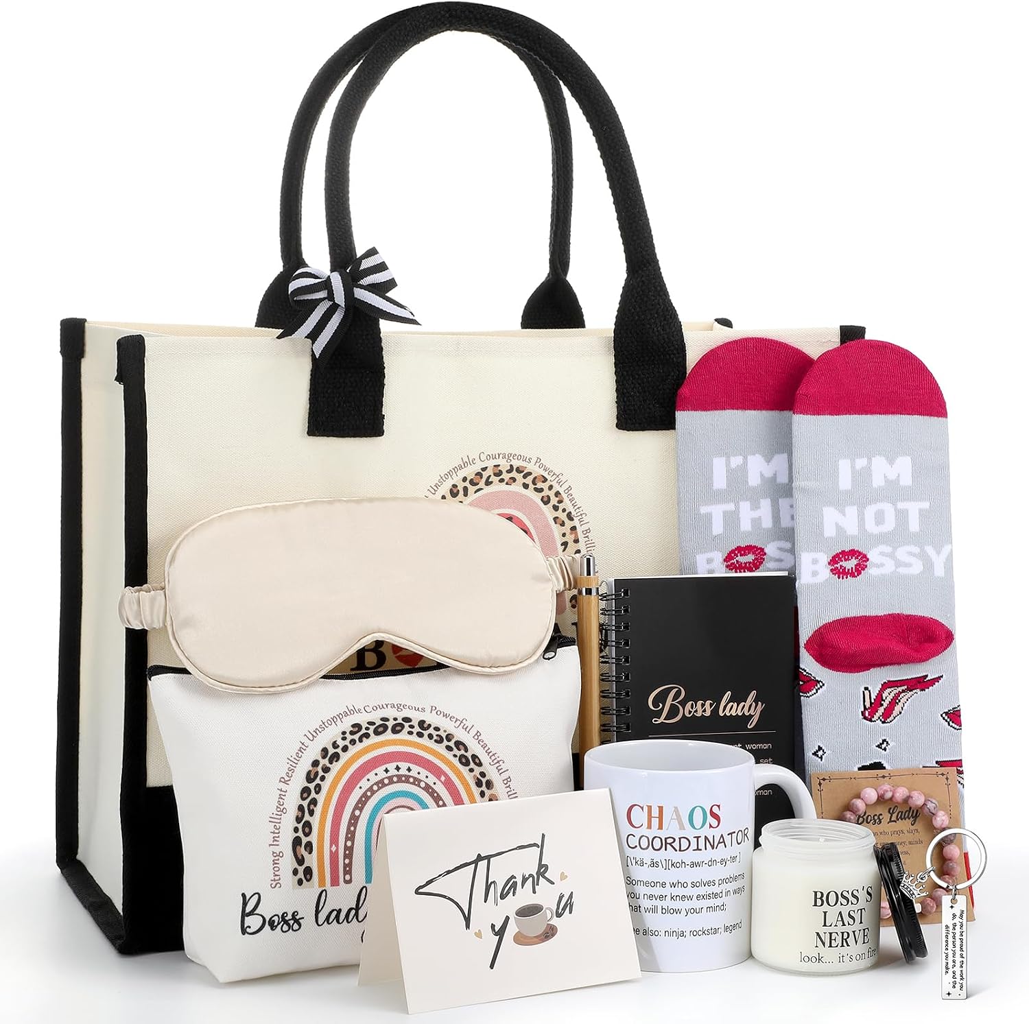 Leinuosen 12 Pcs Housekeeping Gift Set for Women Spring Cleaning Gifts Trapezoid Grocery Canvas Tote Bag with Handle Makeup Bag Mug Scented Candle Novelty Socks for Employees Staff Mother Day