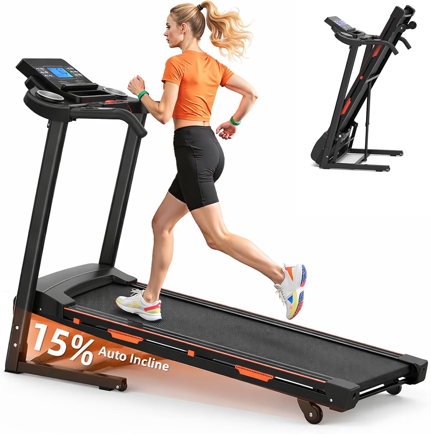 Caminadora Plegable Eléctrica con Inclinación Automática 15% y Barandilla Negra