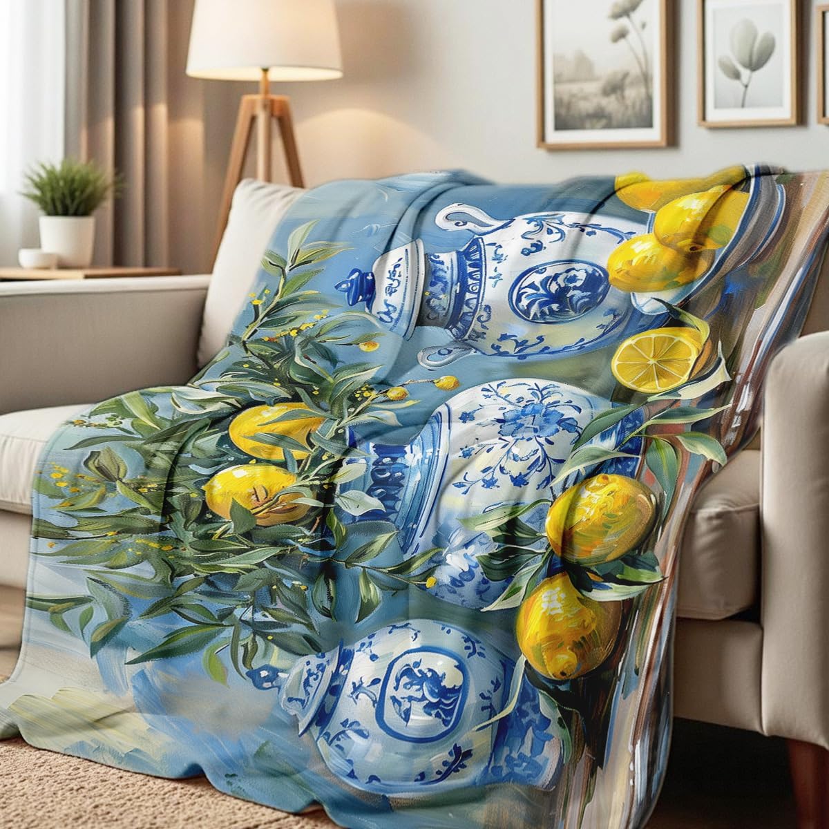 Lemon Print Throw Blanket Yellow Fruit Flannel Blanket Soft Cozy Bedding Lemon Gifts for Adults Kids Bedroom Camping Home Decor (49"x59")