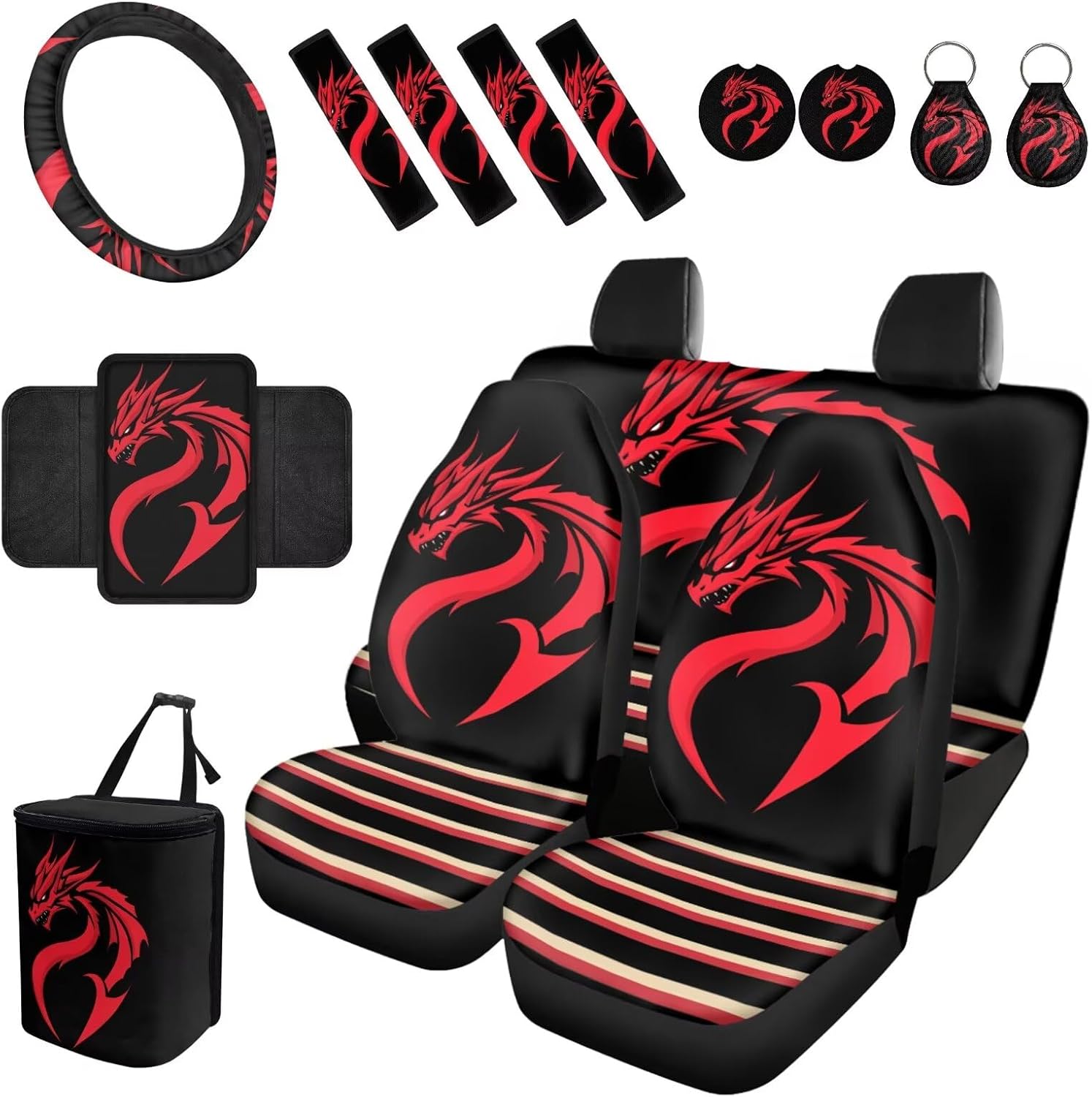 Red Dragon Auto Seat Cushion with Steering Wheel Cover,Seatbelt Pad,Armrest Covers,Keychain,Rear,Car Trash Can for Car Accessory Universal 15Pcs Auto Interior Set