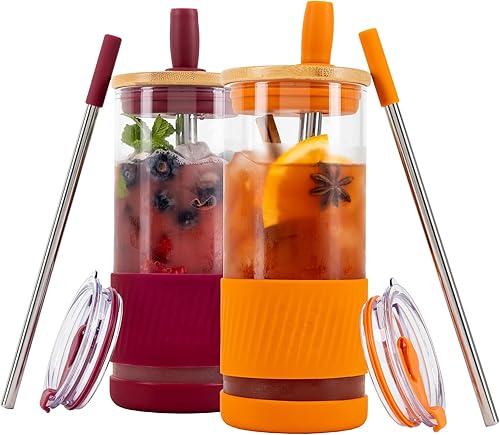 Vista 10 de Vasos de vidrio con tapas y pajitas, 20 onzas líquidas, taza de café helado, taza para batido con tapa de bambú y tapa sobre la marcha, vaso