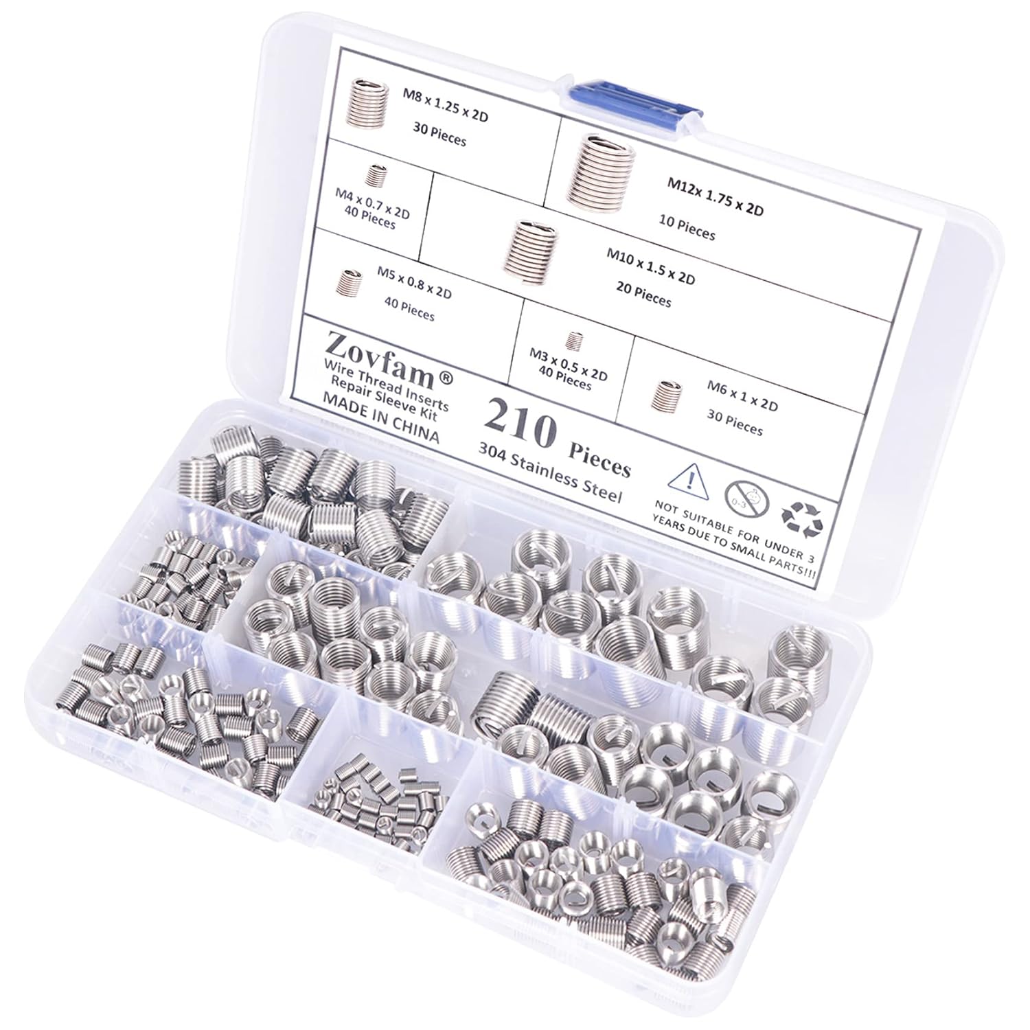 Metric Thread Repair Kit, 304 Stainless Steel Wire Inserts, 210 Pcs