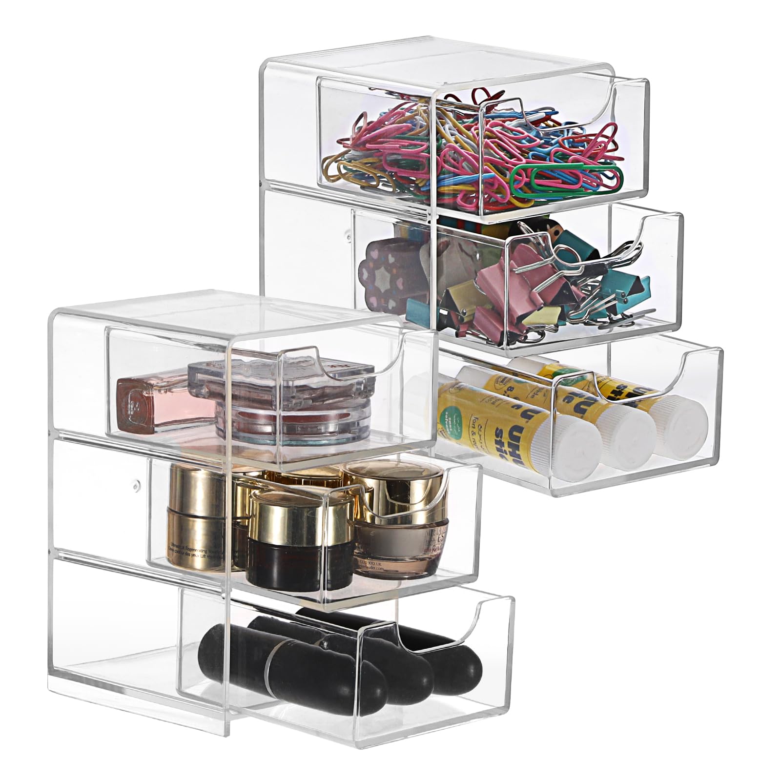 SUMTree2 Pcs Clear Acrylic Drawers with 3 Layers Stackable Storage Drawers Desktop Small Drawers Storage Unit, Small Chest of Drawers for Stationery, Cosmetic, Bathroom, Crafts, Jewelry, 7.9*8.9*13cm