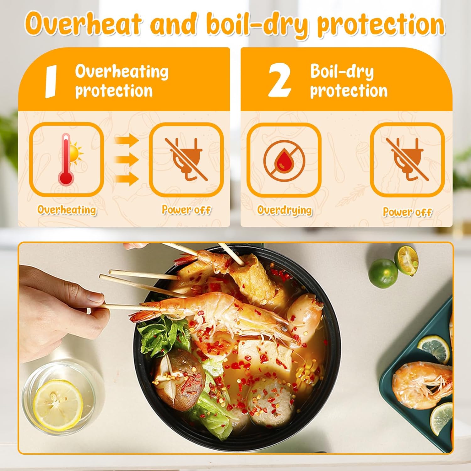 Electric Hot Pot, Mini Portable Multifunctional Non Stick Electric Pot, 1.7L Capacity Stainless Steel Ramen Cooker with over Heating Protection for Pasta Dumpling Soup Steak (Double Layer Model)