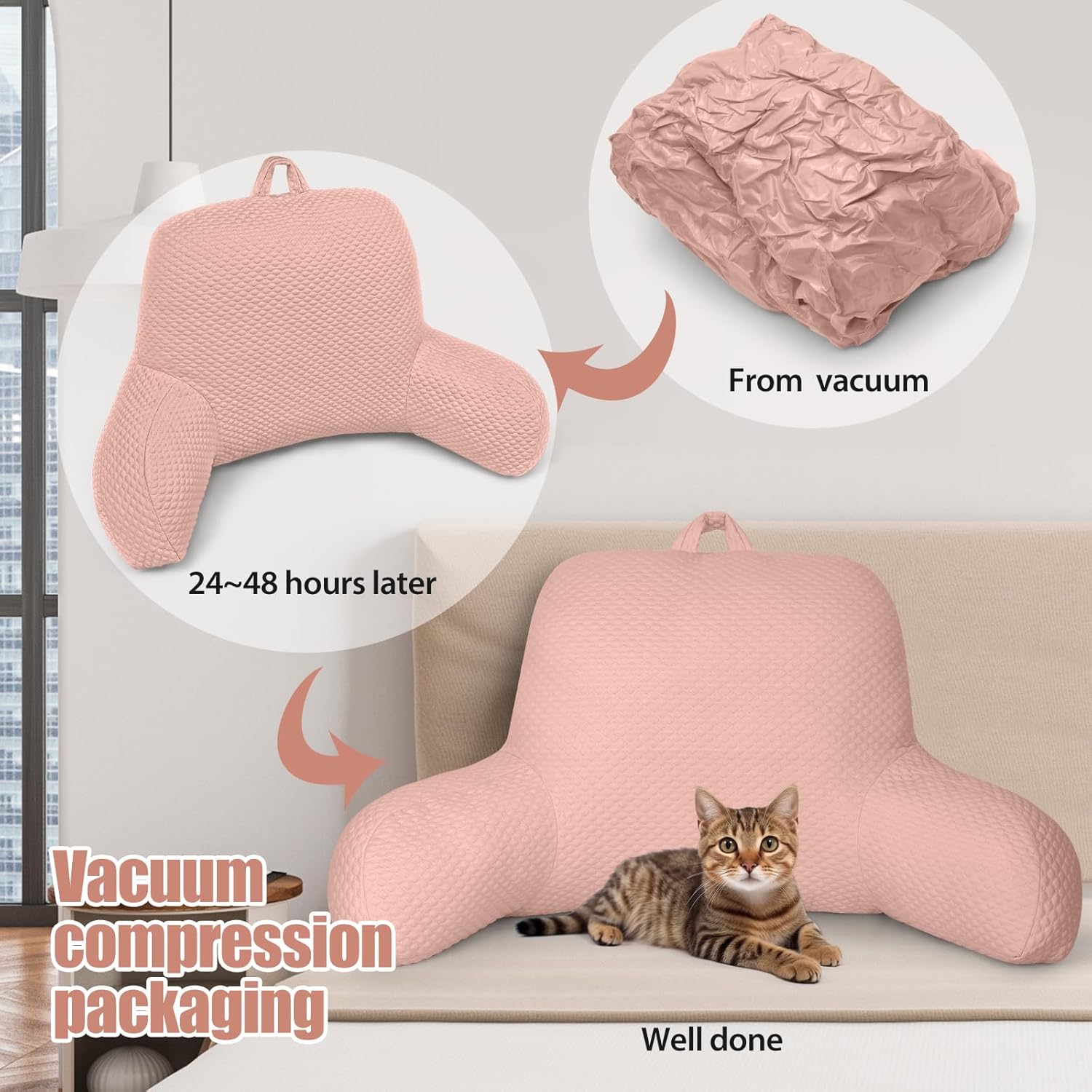 Reading Pillow, Silk Back Support Pillow for Bed Sitting Up, Large Bed Rest Pillow with Arms for Adults,Back Support Pillow for Couch and Chair, Pink