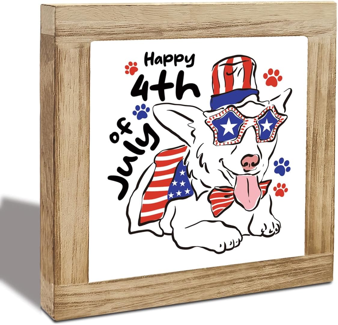 4th of July Dog Wooden Box Sign, Patriotic Tiered Tray Tabletop Decoration for Home Desk Shelf American Flag Pet Lover Gift Decor